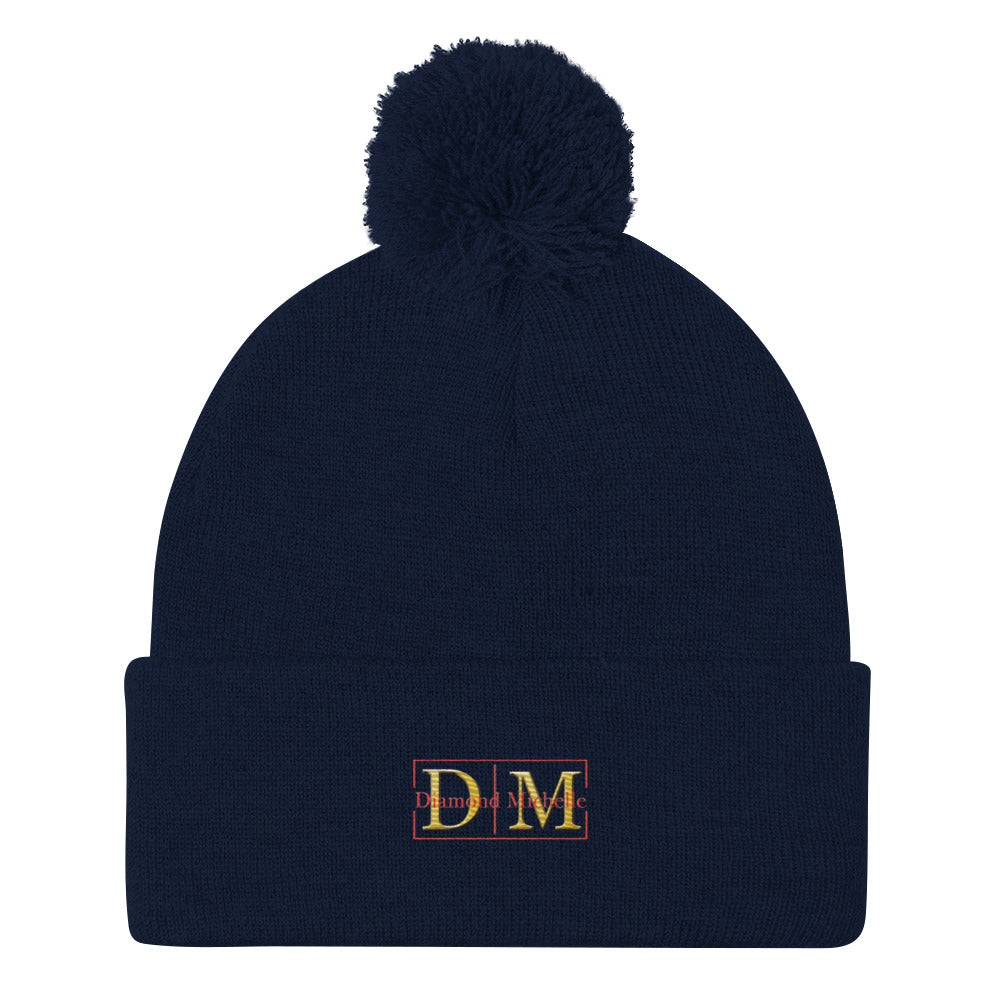 Flat front view of a navy blue DM Pom-Pom Beanie on a white background