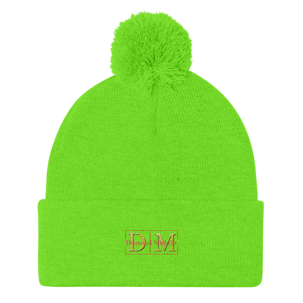 Flat front view of a neon green DM Pom-Pom Beanie on a white background