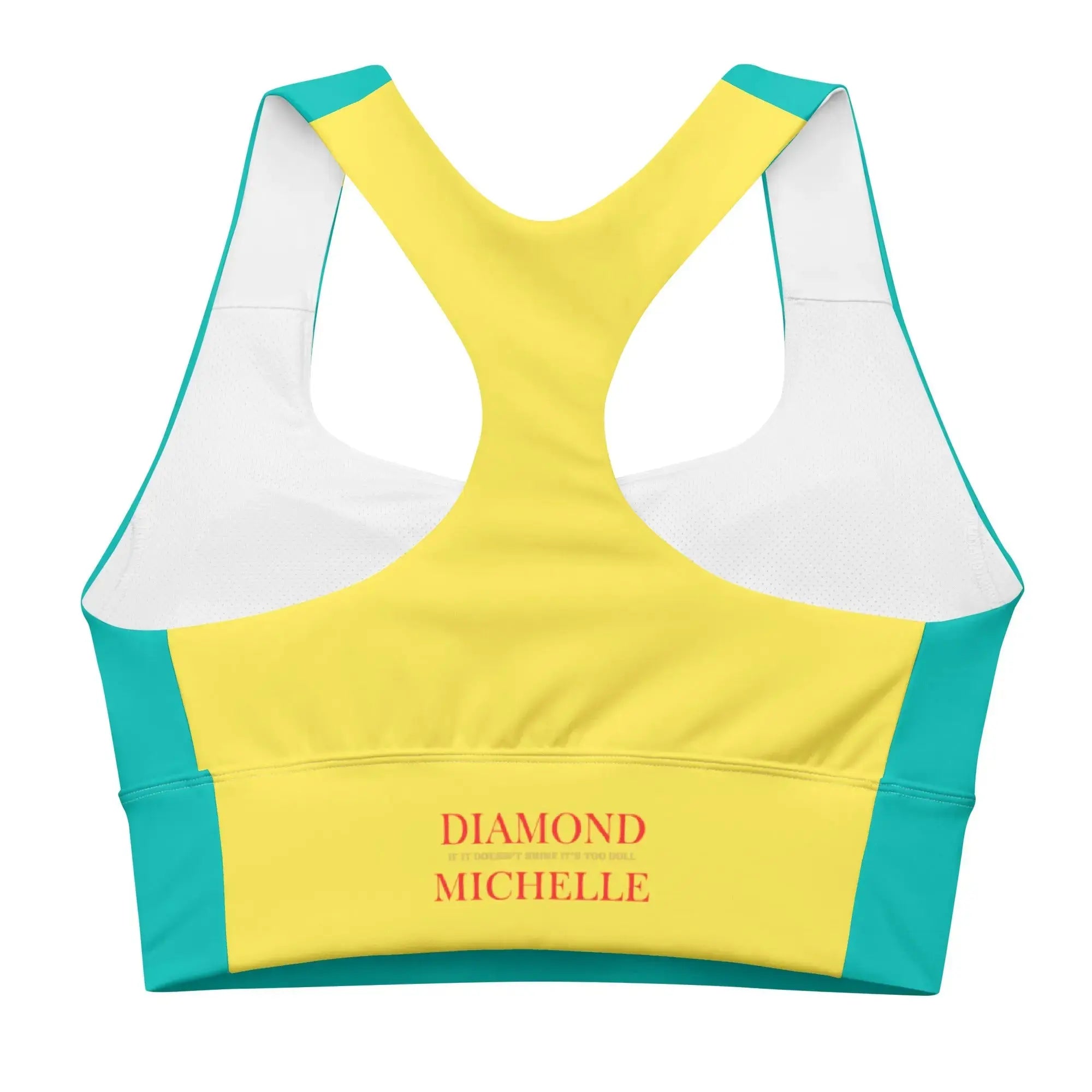 DM Teal & Yellow Recycled Sports Bra back view on a white background