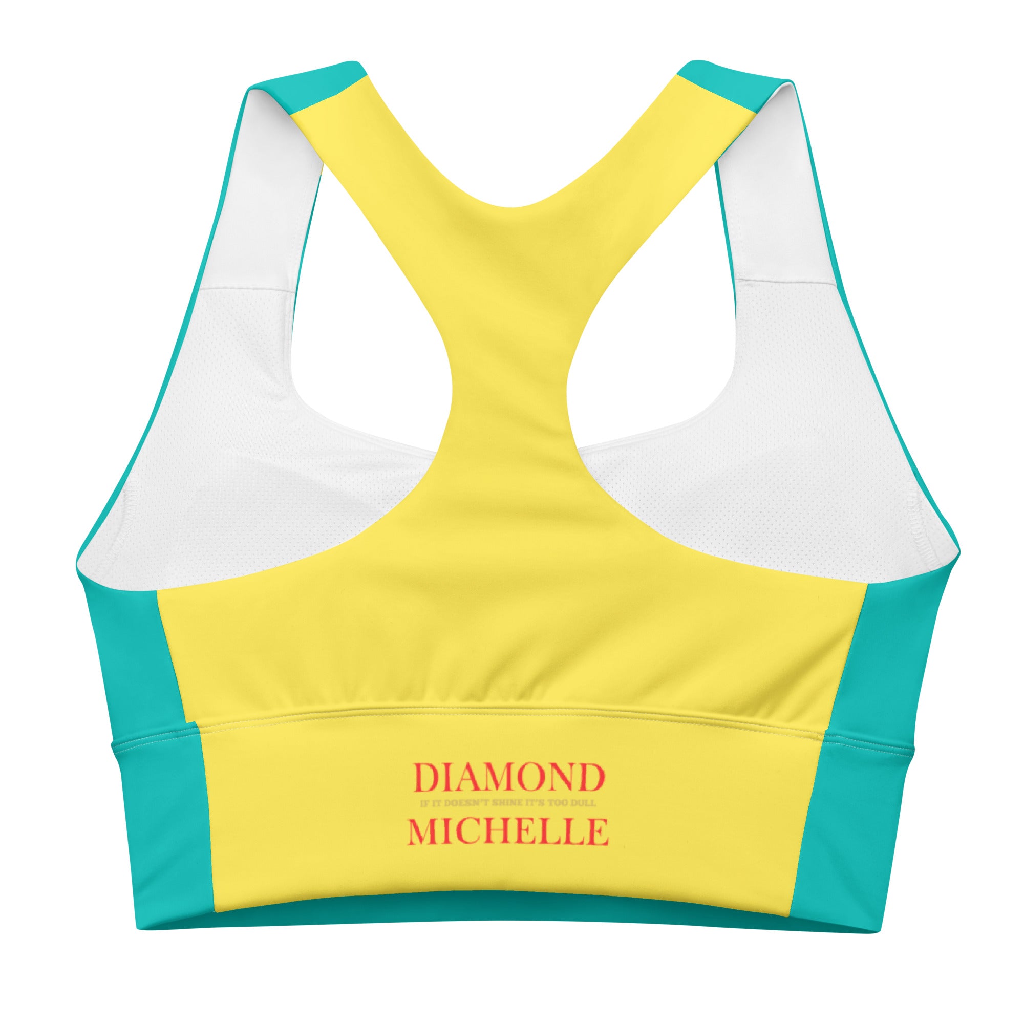 DM Teal & Yellow Recycled Sports Bra back view on a white background