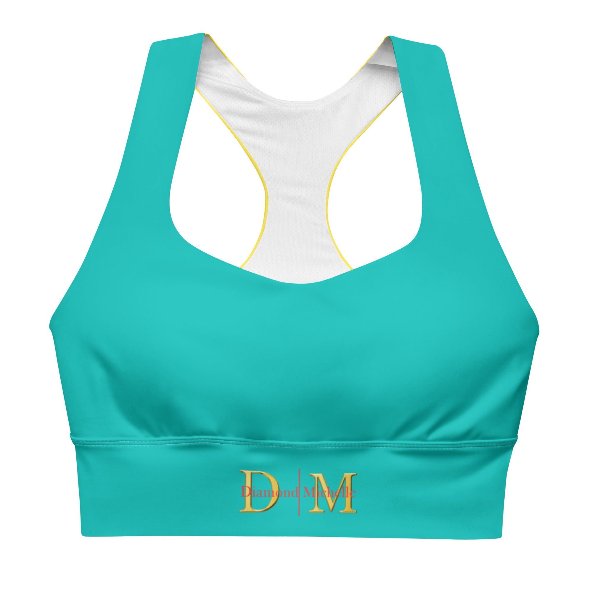 DM Teal & Yellow Recycled Sports Bra front view on a white background