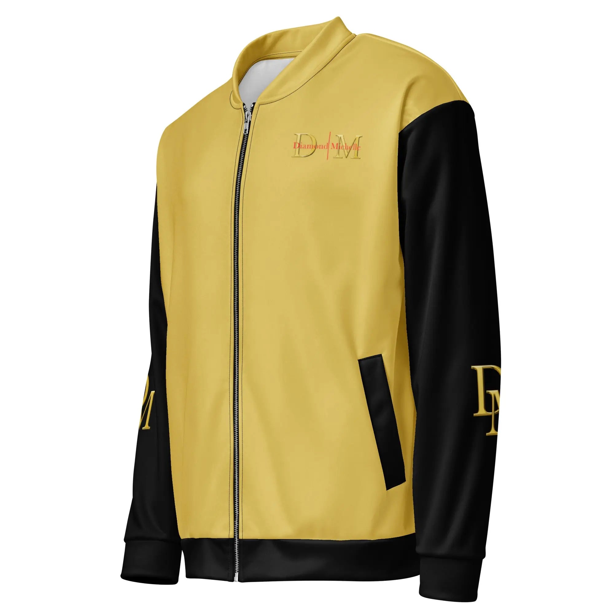 Gold and black jacket with Diamond Michelle logo on a white background (left front view)
