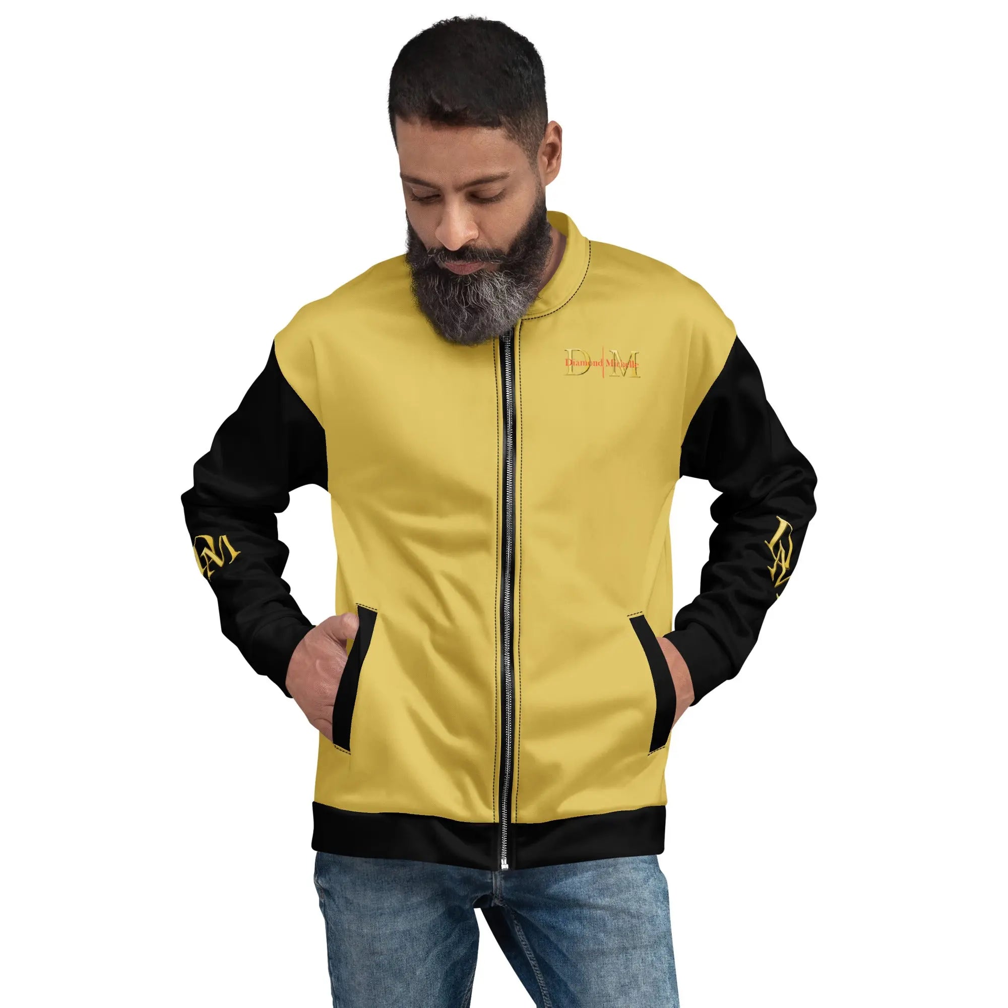 Man wearing a gold and black jacket with branding on a white background