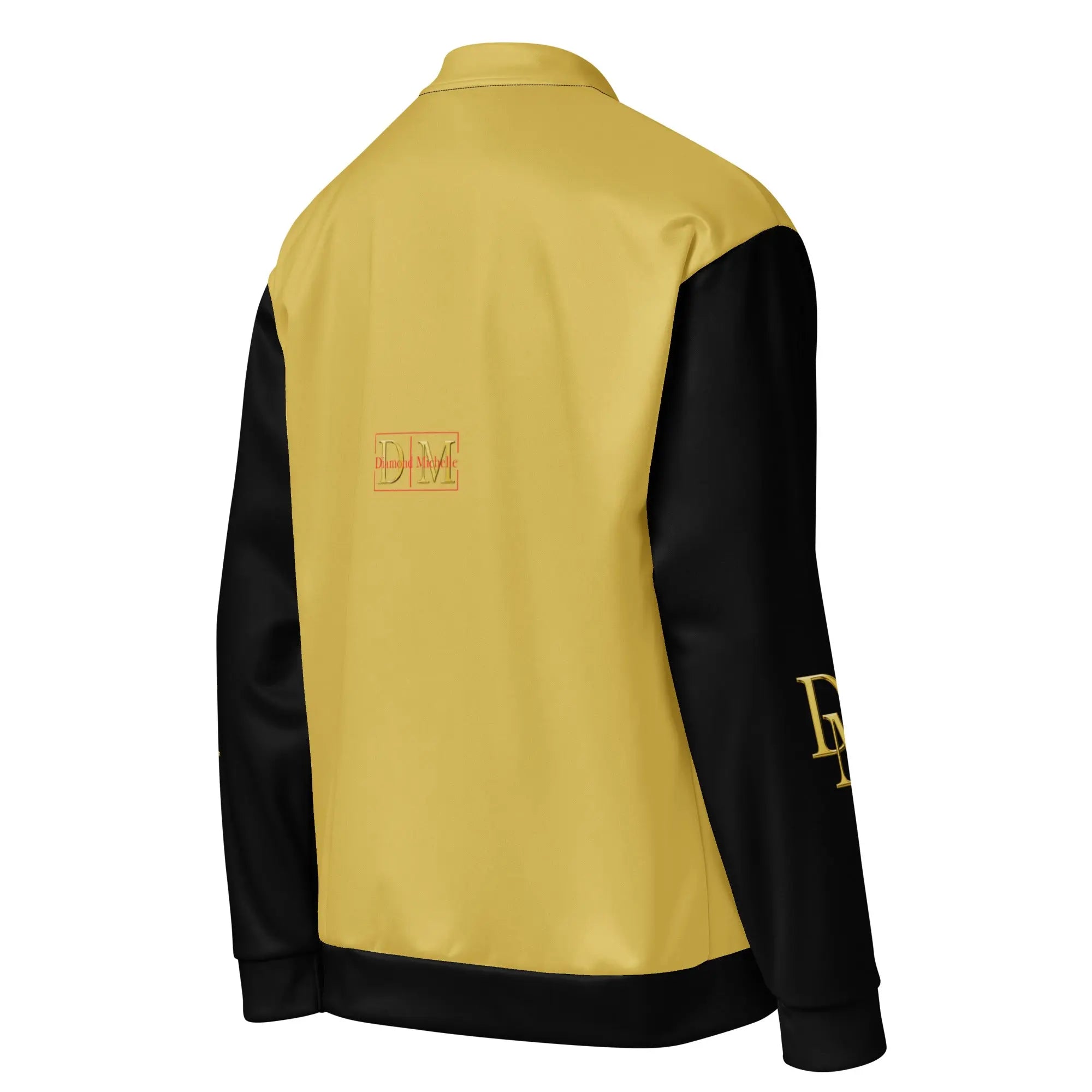 Gold and black jacket with Diamond Michelle logo on a white background (right back view)