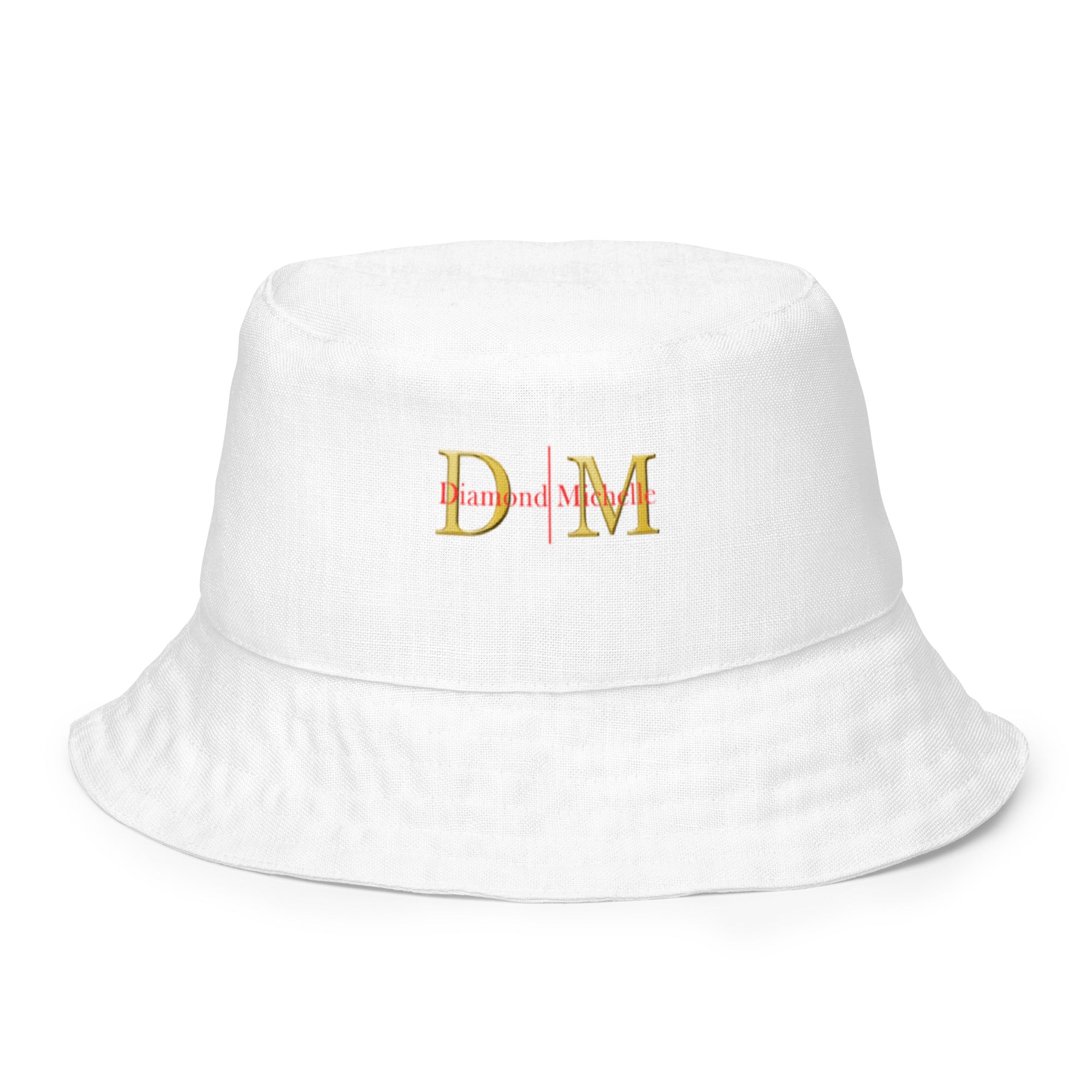 White bucket hat with "Diamond Michelle" logo on a white background