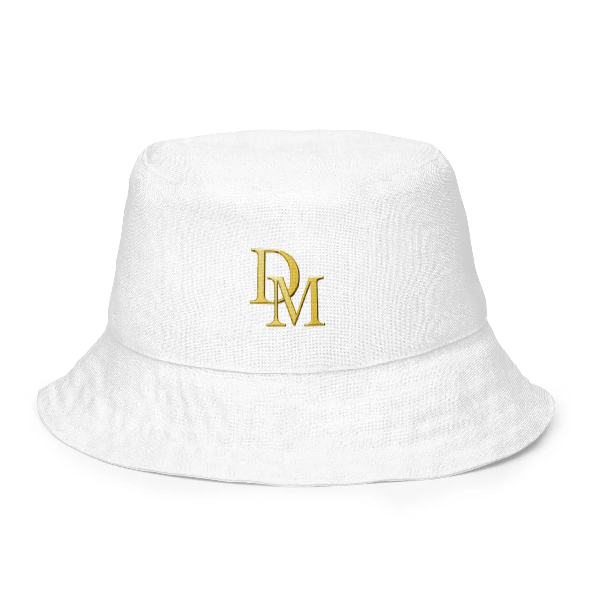 White bucket hat with gold logo on a white background