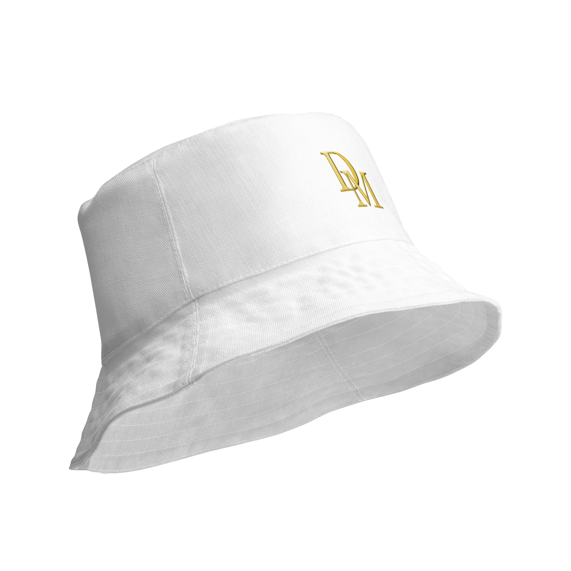 Side of a white bucket hat with gold logo on a white background