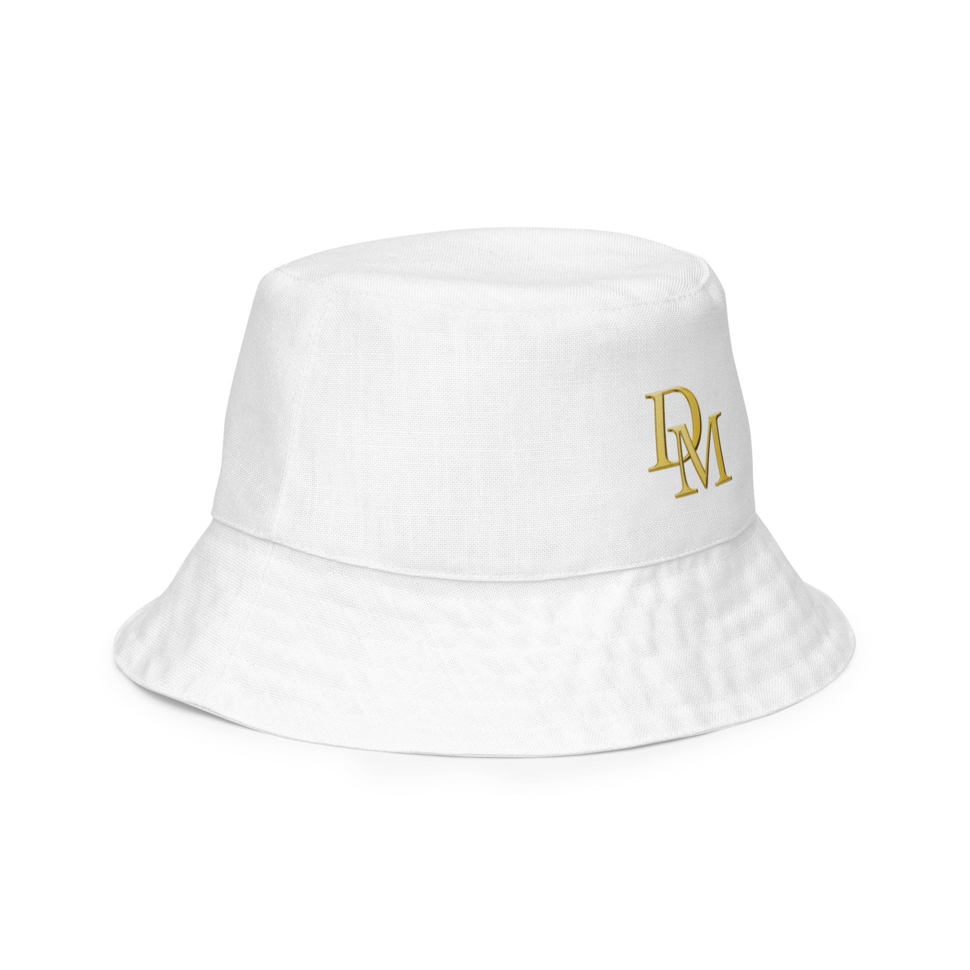 Right front outside view of a white bucket hat with gold logo on a white background