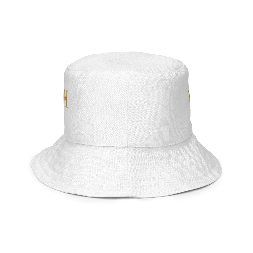 A right outside view of a white bucket hat with gold logo on a white background