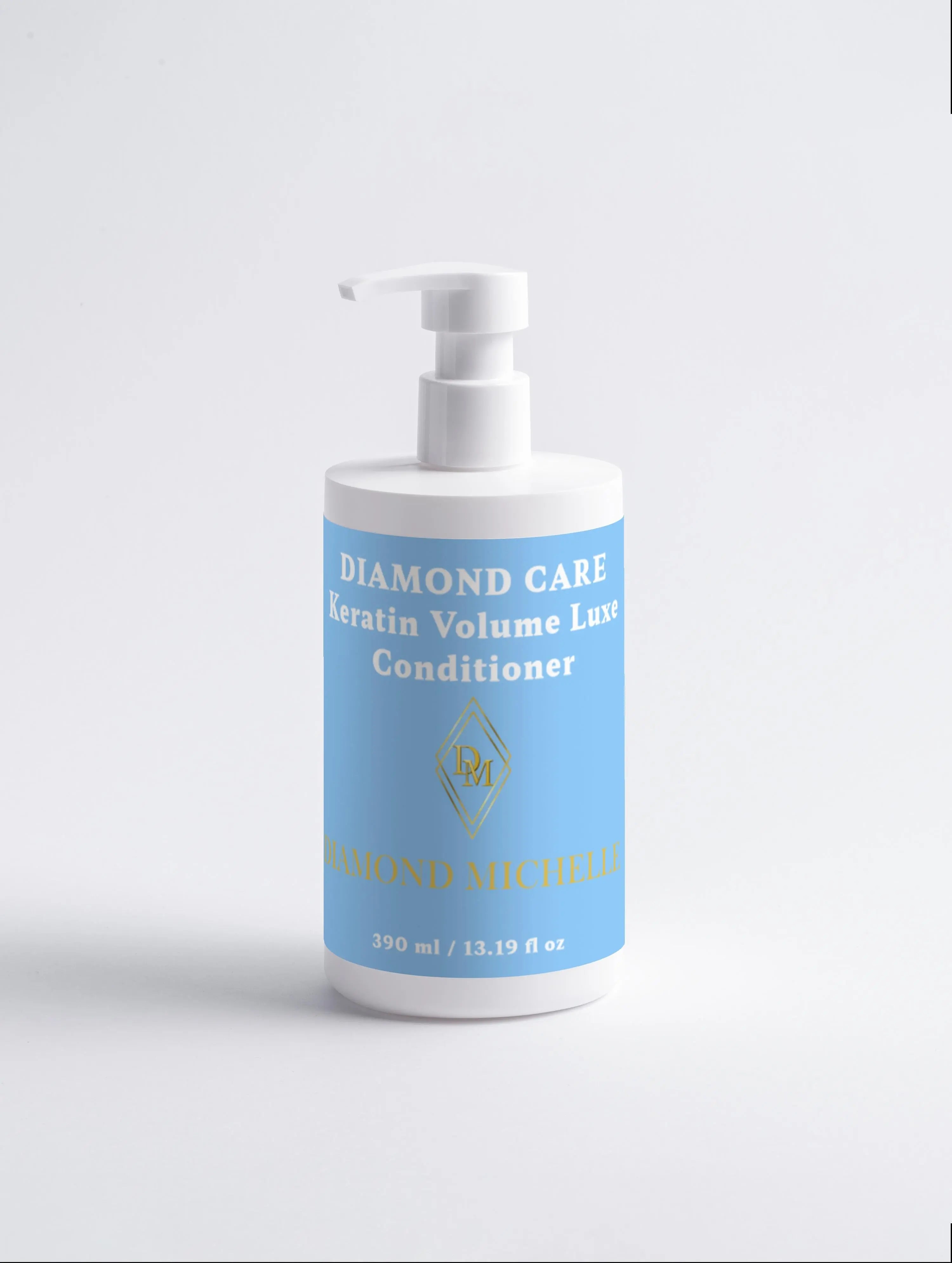 Diamond Care Keratin Volume Luxe Conditioner by Diamond Michelle bottle with pump on a white background 