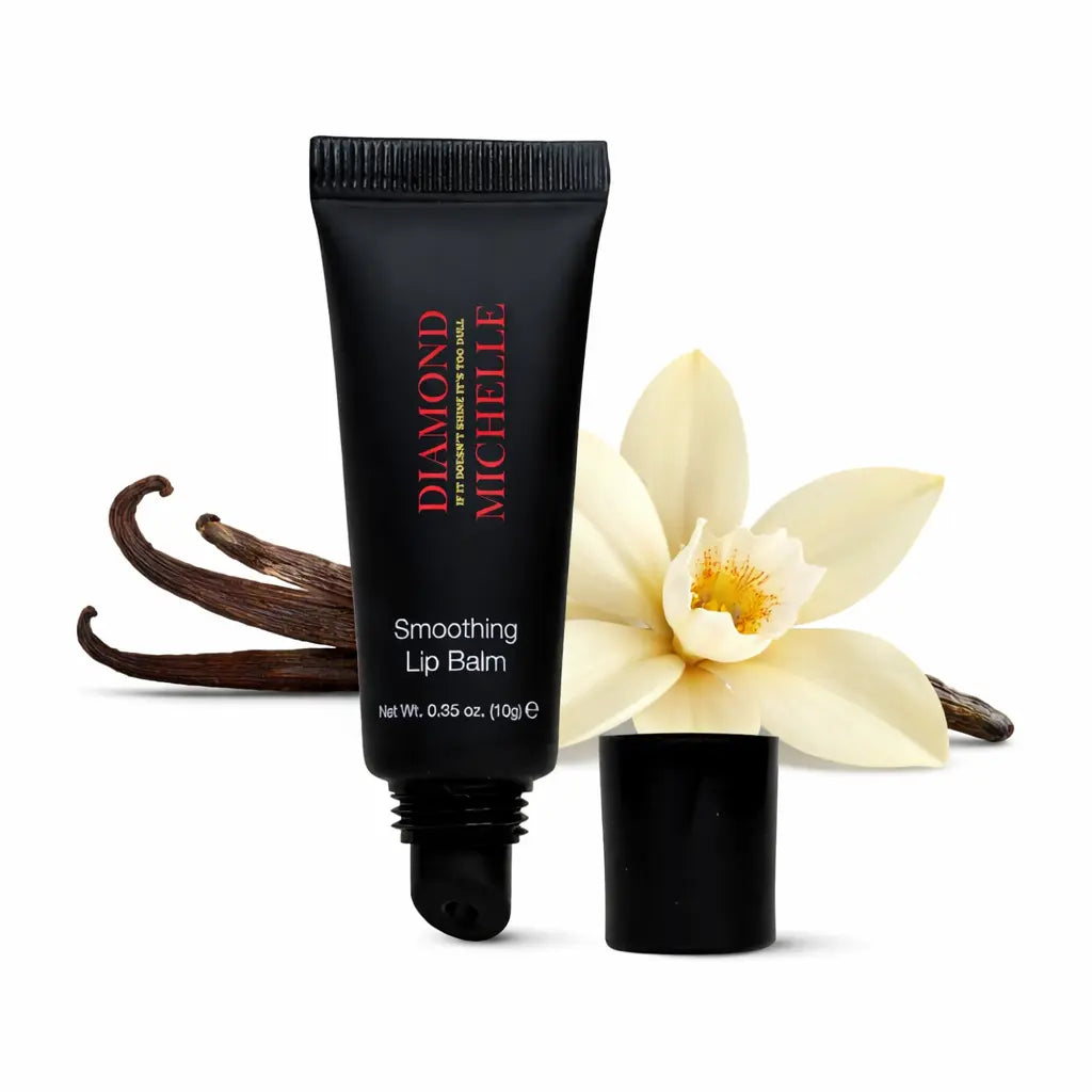 Diamond Michelle Smoothing Lip Balm with vanilla bean and flower on a white background