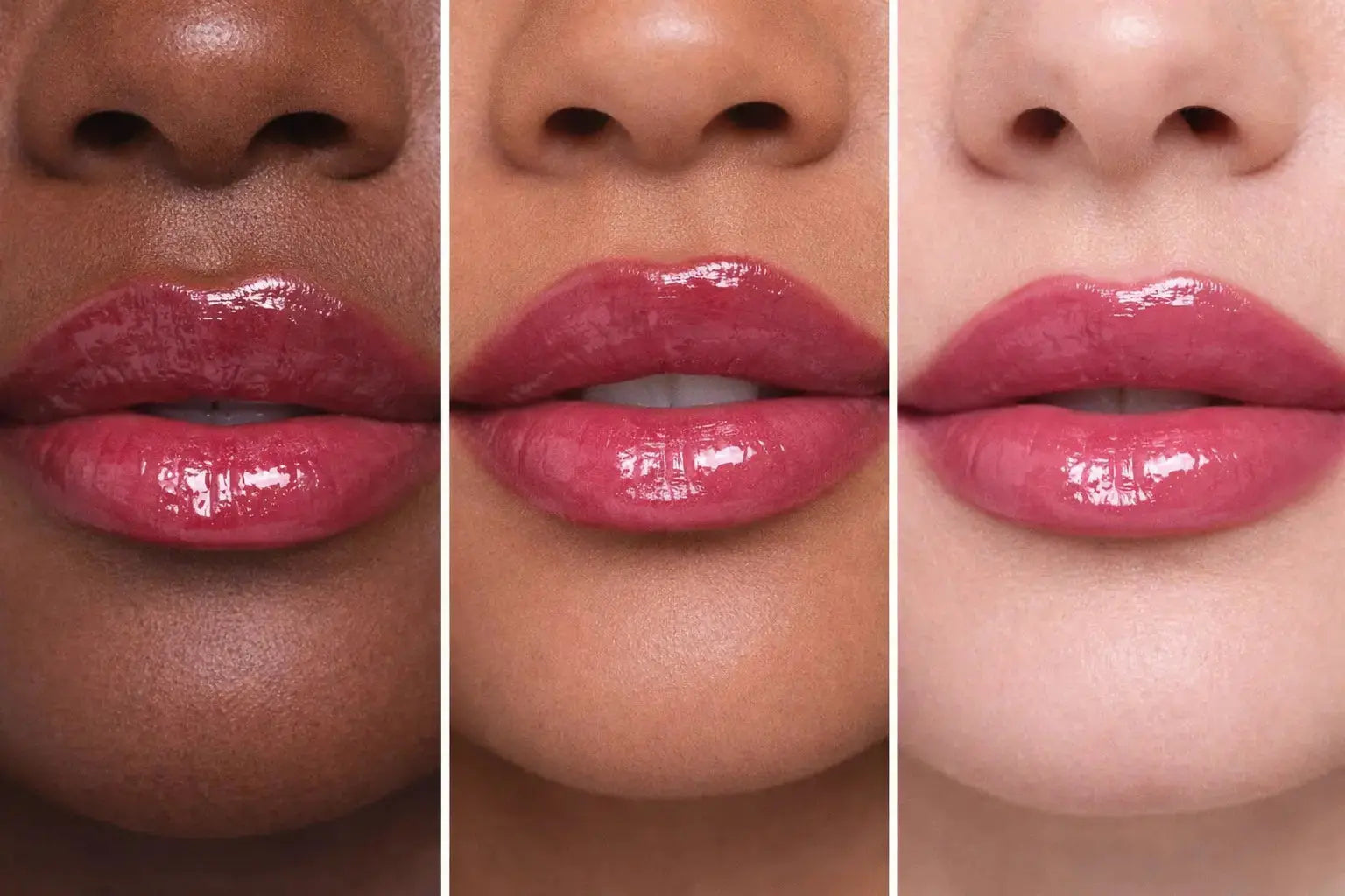 Close-up of three different skin tones wearing Diamond Glow Lip Oil - Huckleberry Pie