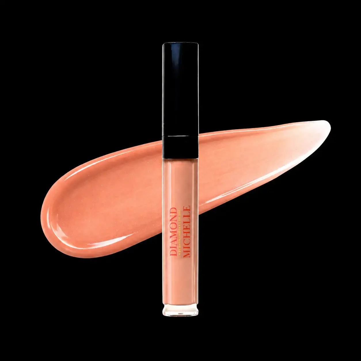Lip oil with a swatch of color on a black background, featuring the brand Diamond Michelle