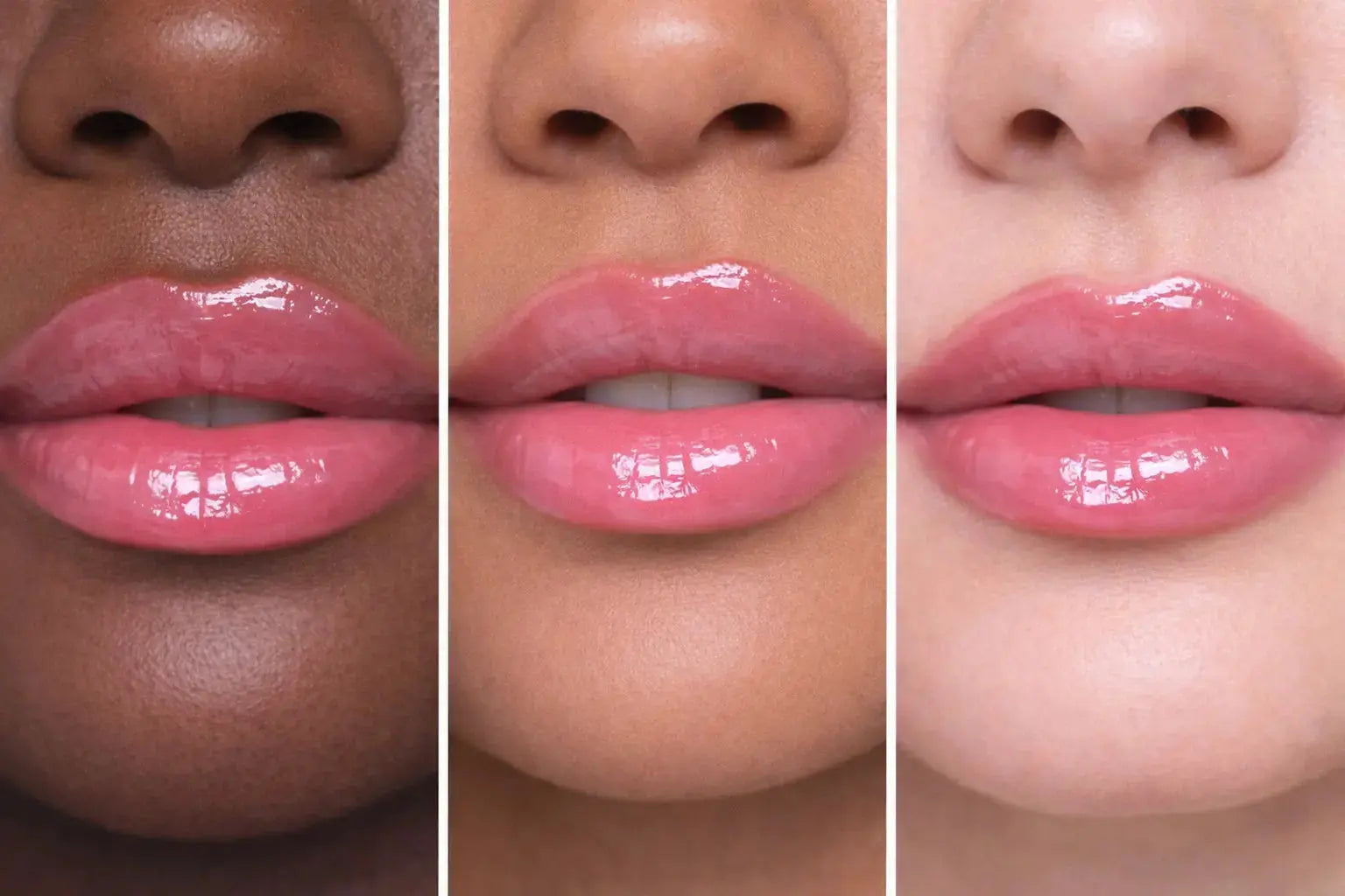 Close-up of three different skin tones wearing Diamond Glow Lip Oil - Pink Crush.
