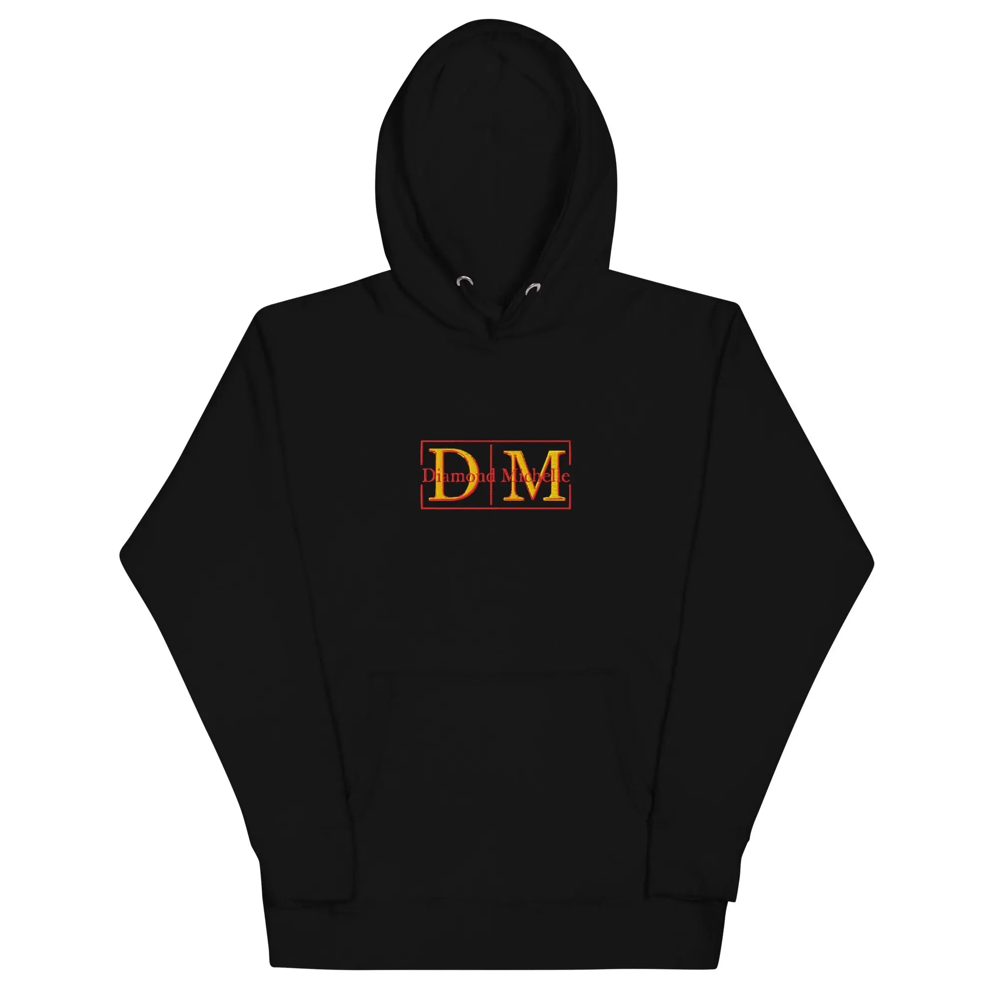 Black unisex luxury pullover hoodie with structured silhouette by Diamond Michelle