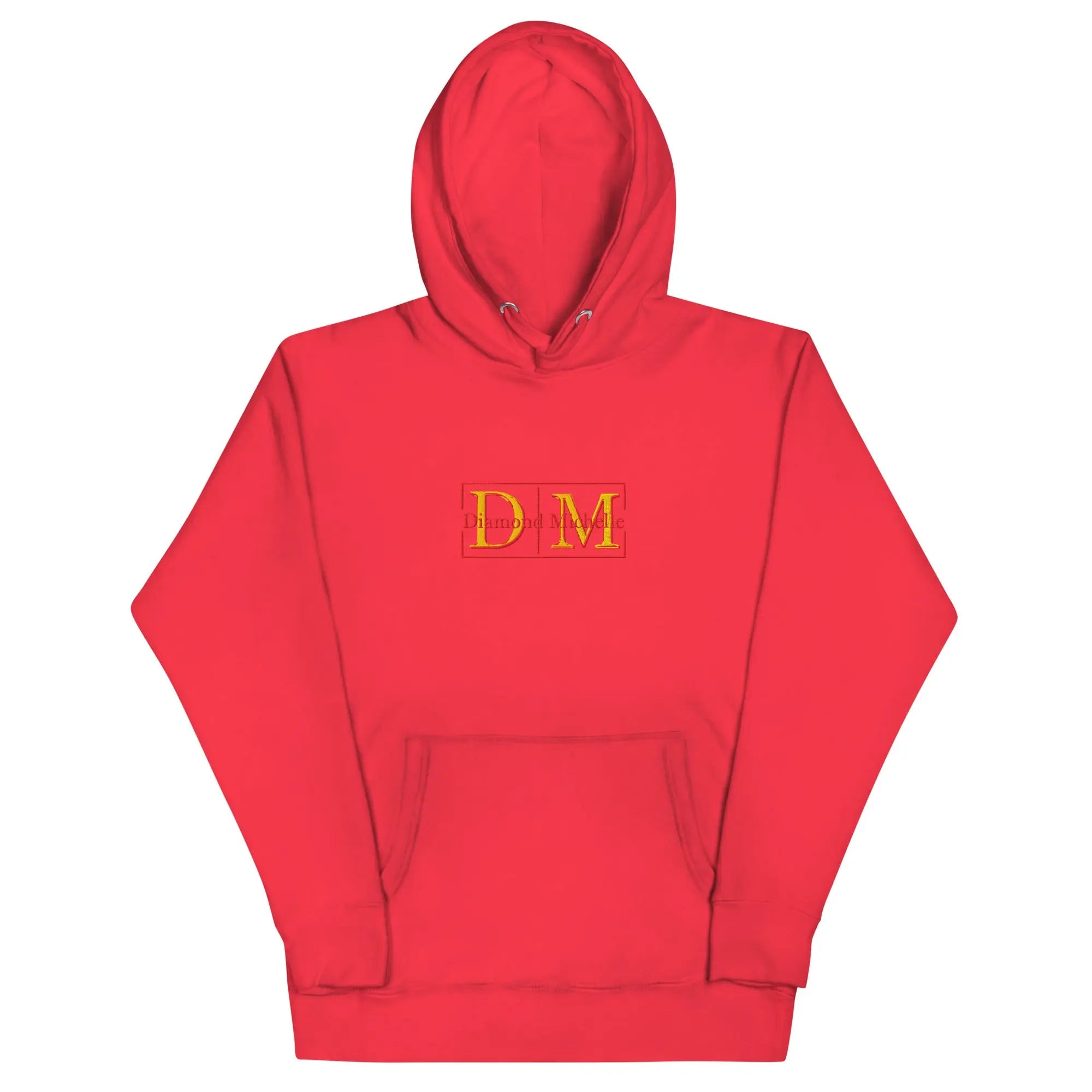 Red unisex luxury pullover hoodie with structured silhouette by Diamond Michelle