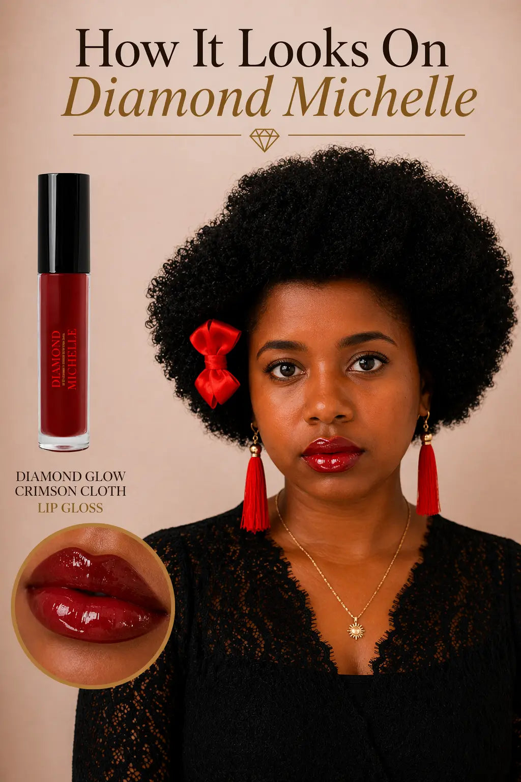 A photo showing how Diamond Michelle looks wearing her diamond glow crimson cloth lip gloss with product packaging and close-up of lips on a beige background.