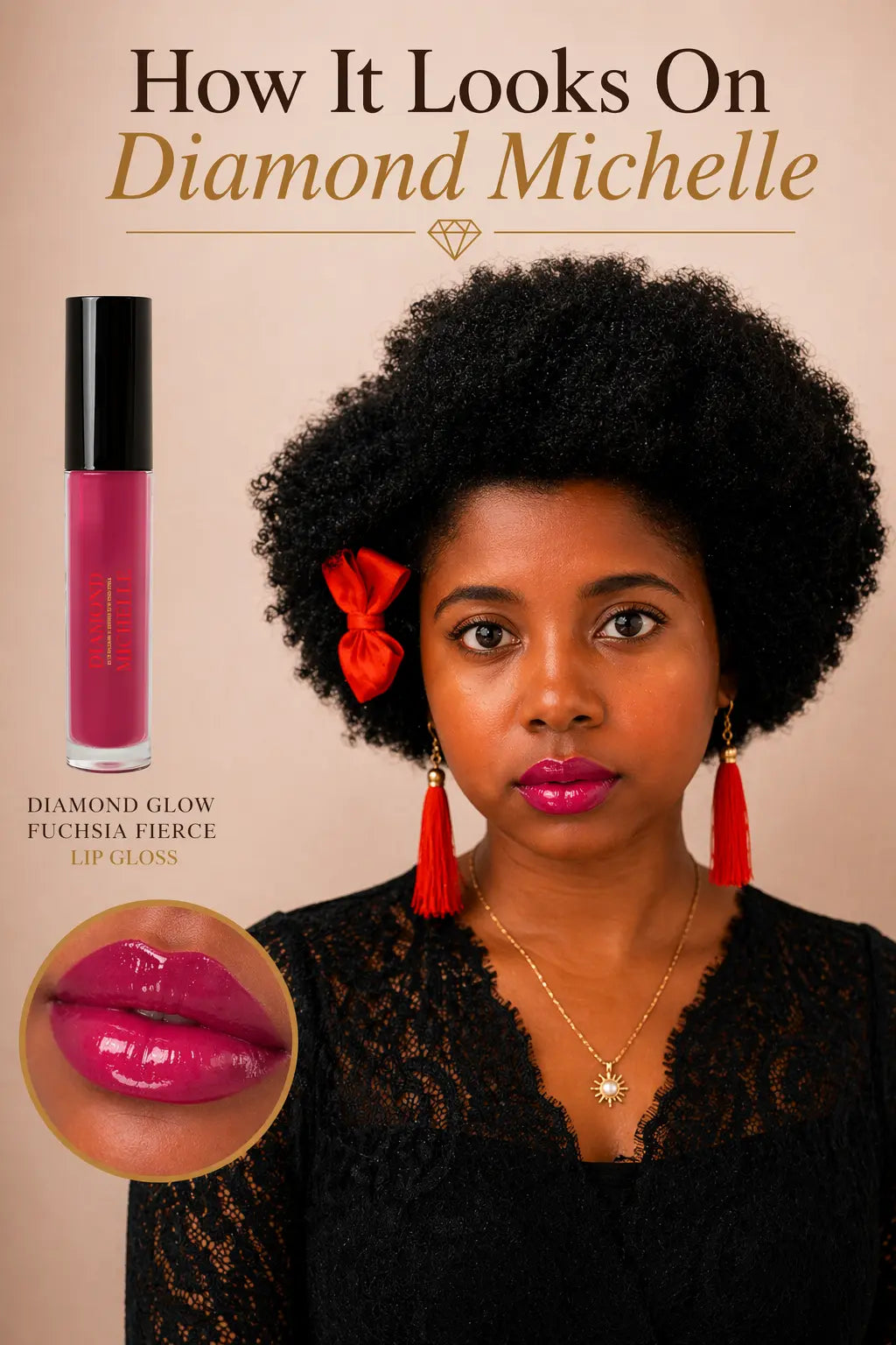 A photo showing how Diamond Michelle looks wearing her diamond glow fuchsia fierce lip gloss with product packaging and close-up of lips on a beige background.