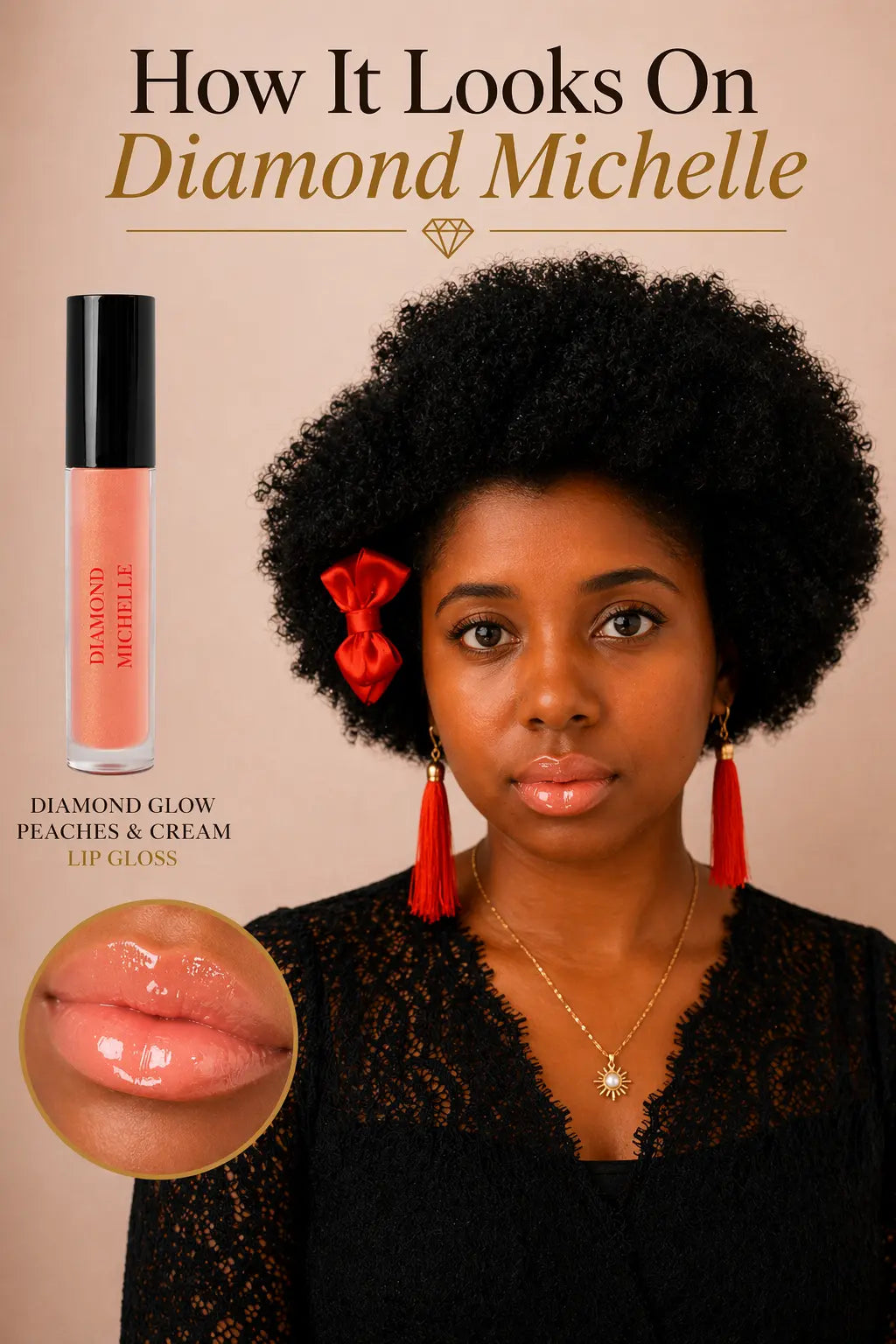 A photo showing how Diamond Michelle looks wearing her diamond glow peaches and cream lip gloss with product packaging and close-up of lips on a beige background.