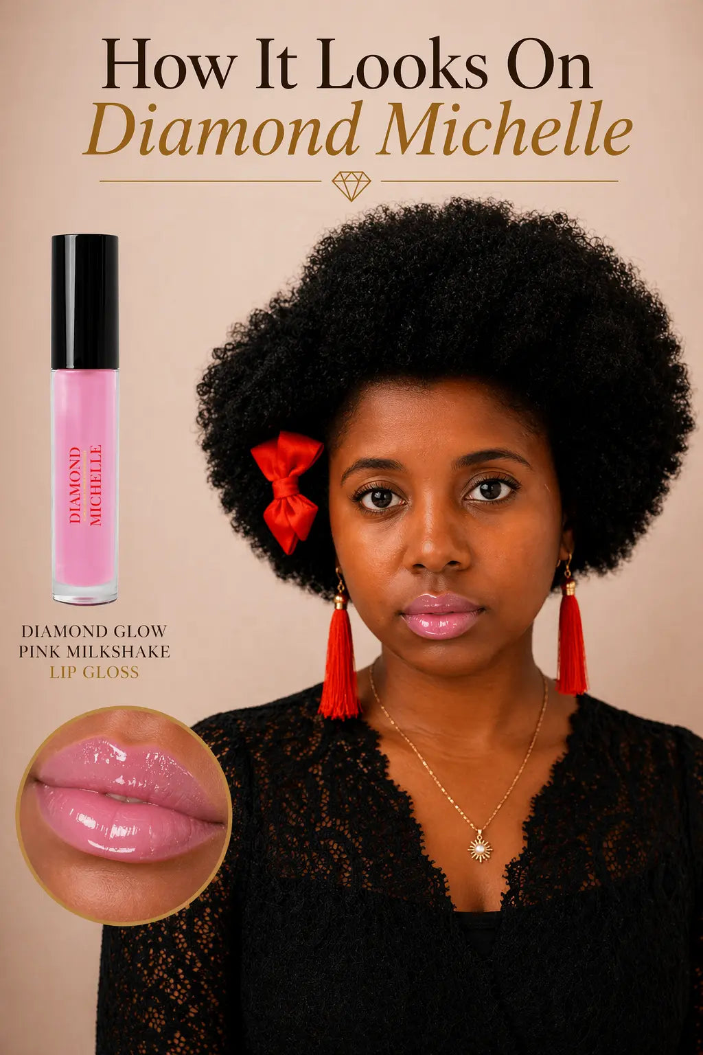 A photo showing how Diamond Michelle looks wearing her diamond glow pink milkshake lip gloss with product packaging and close-up of lips on a beige background.