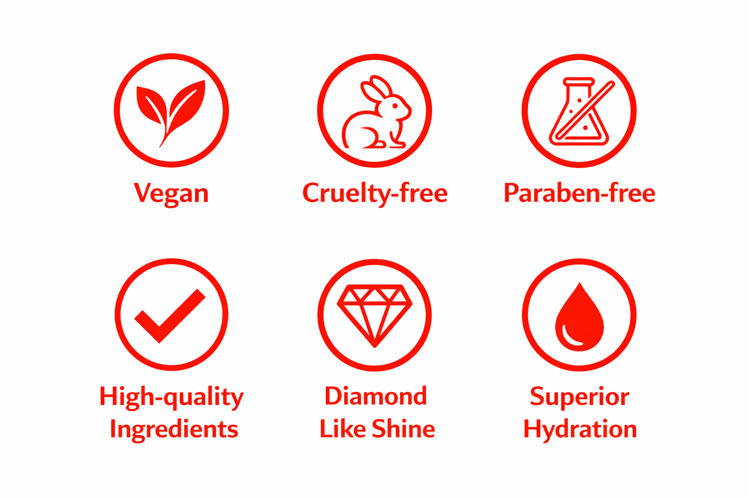 Set of icons indicating vegan, cruelty-free, paraben-free, high-quality ingredients, diamond-like shine, and superior hydration on a white background.