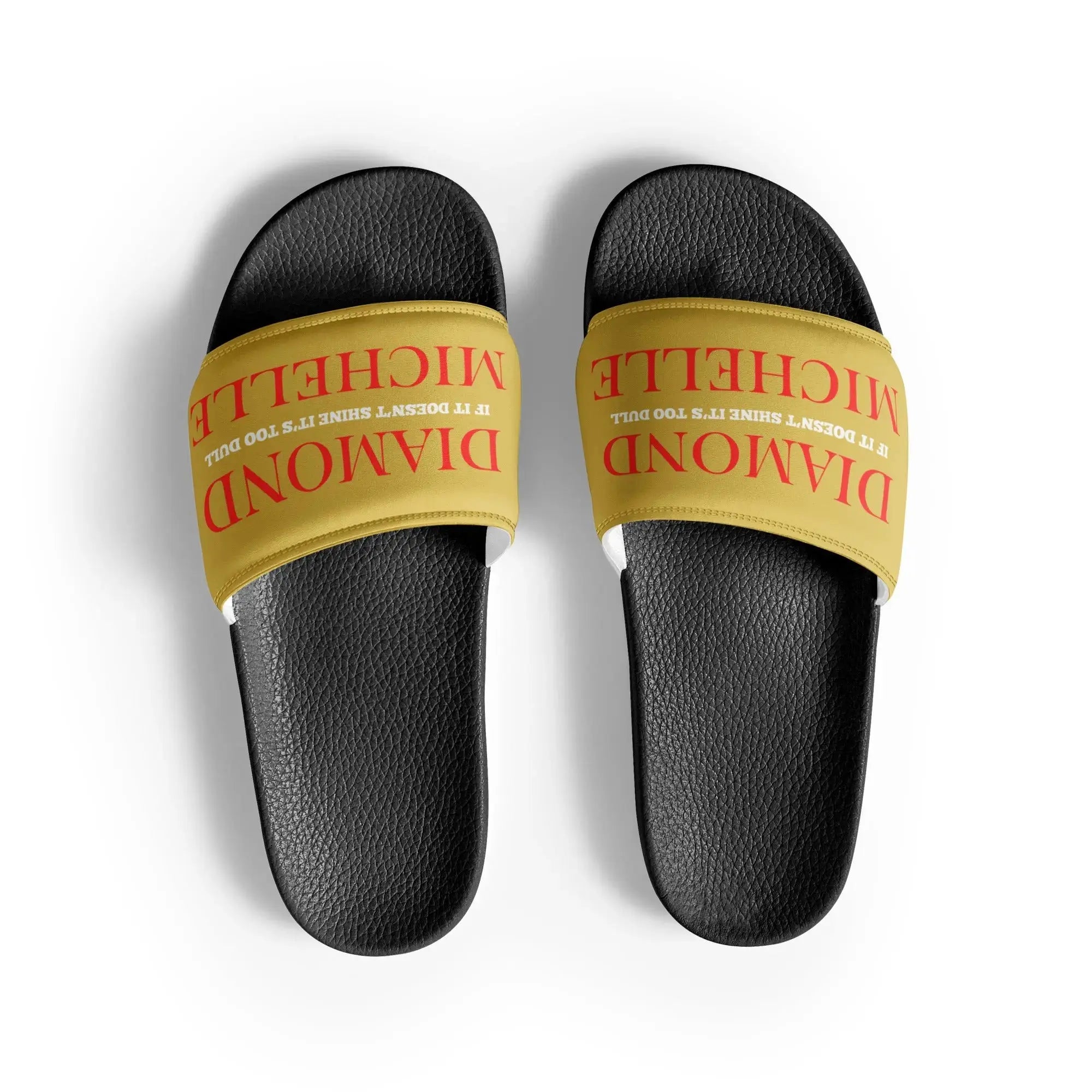 Men’s luxury slide sandals in black and gold by Diamond Michelle (front view)