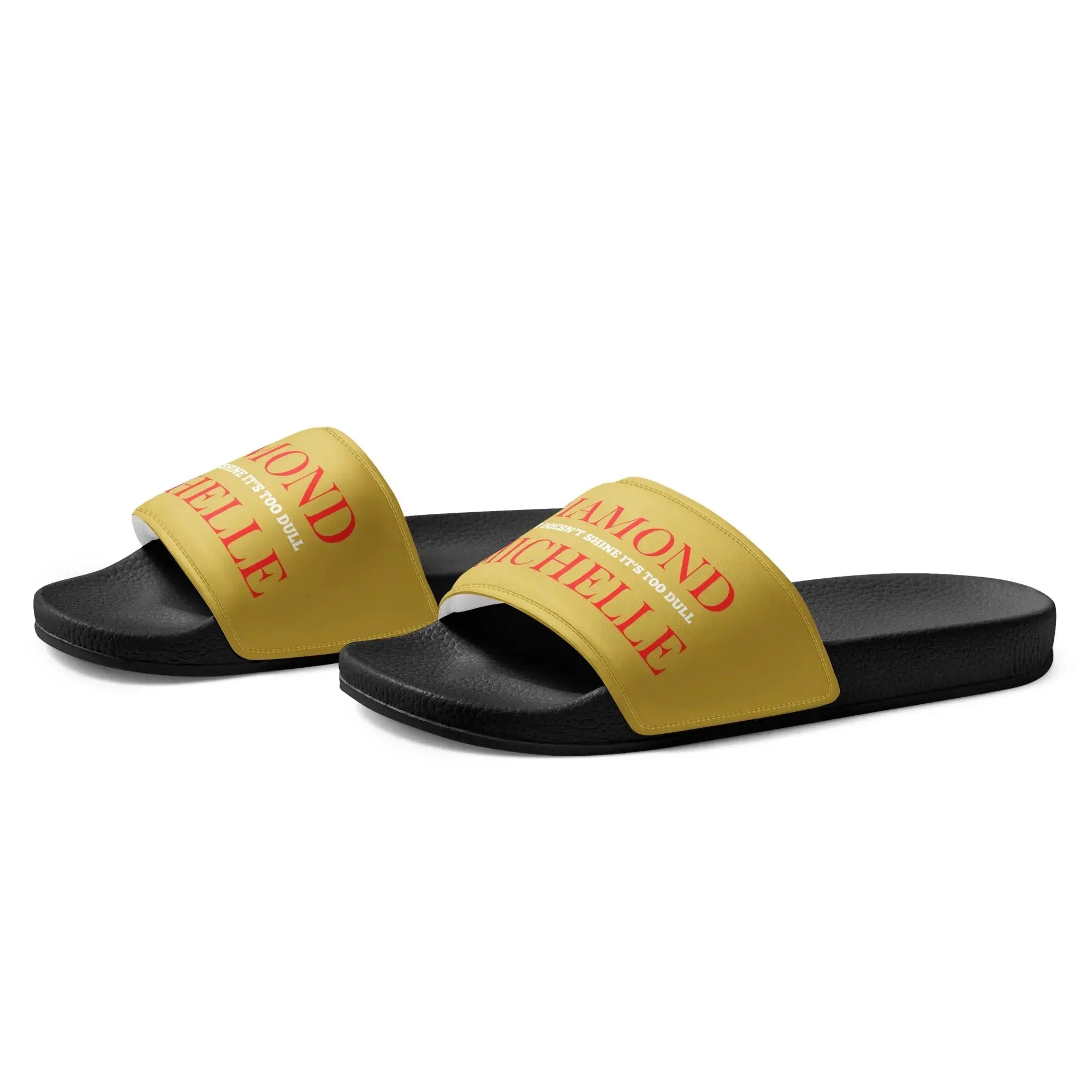 Men’s luxury slide sandals in black and gold by Diamond Michelle (left front view)