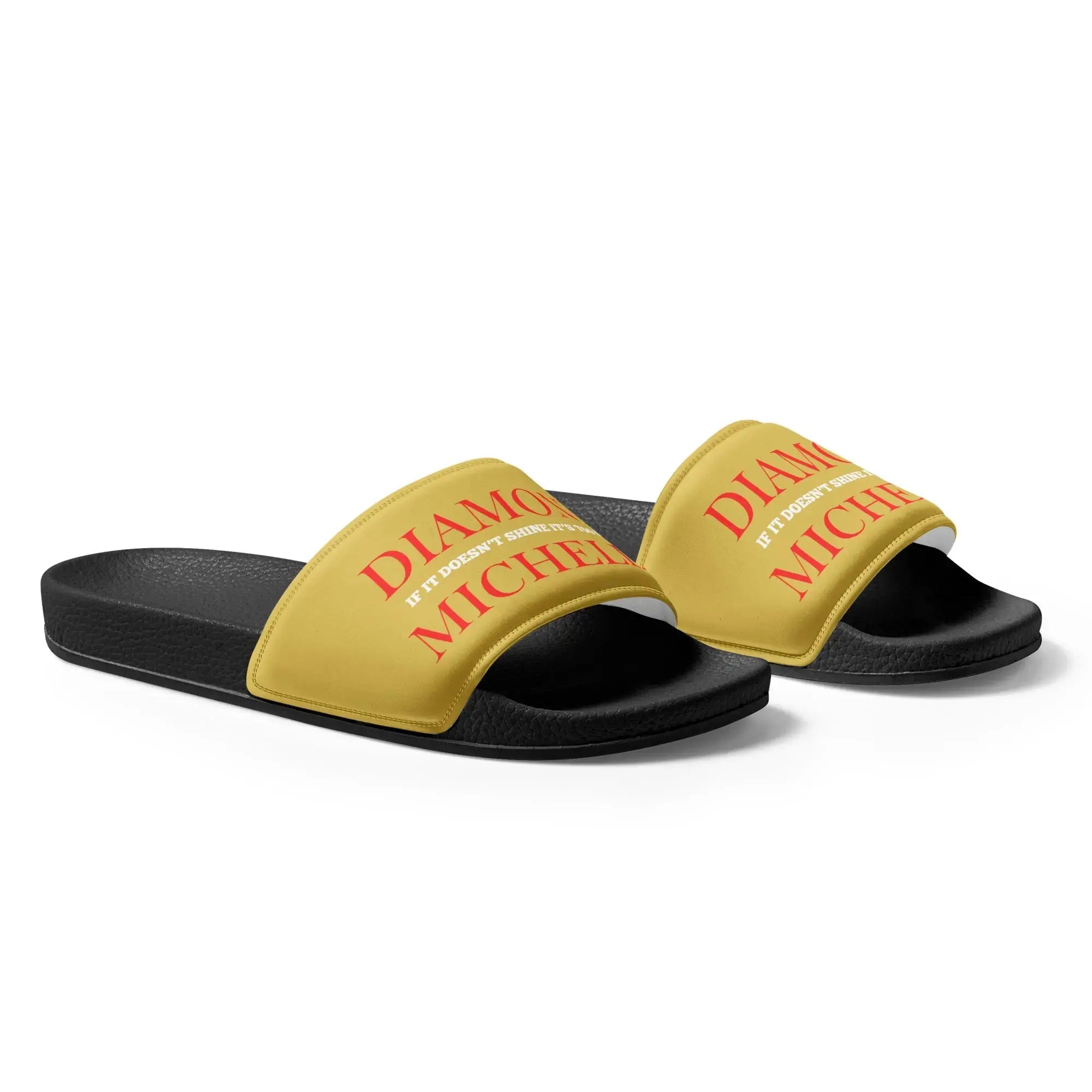 Men’s luxury slide sandals in black and gold by Diamond Michelle (right front view)