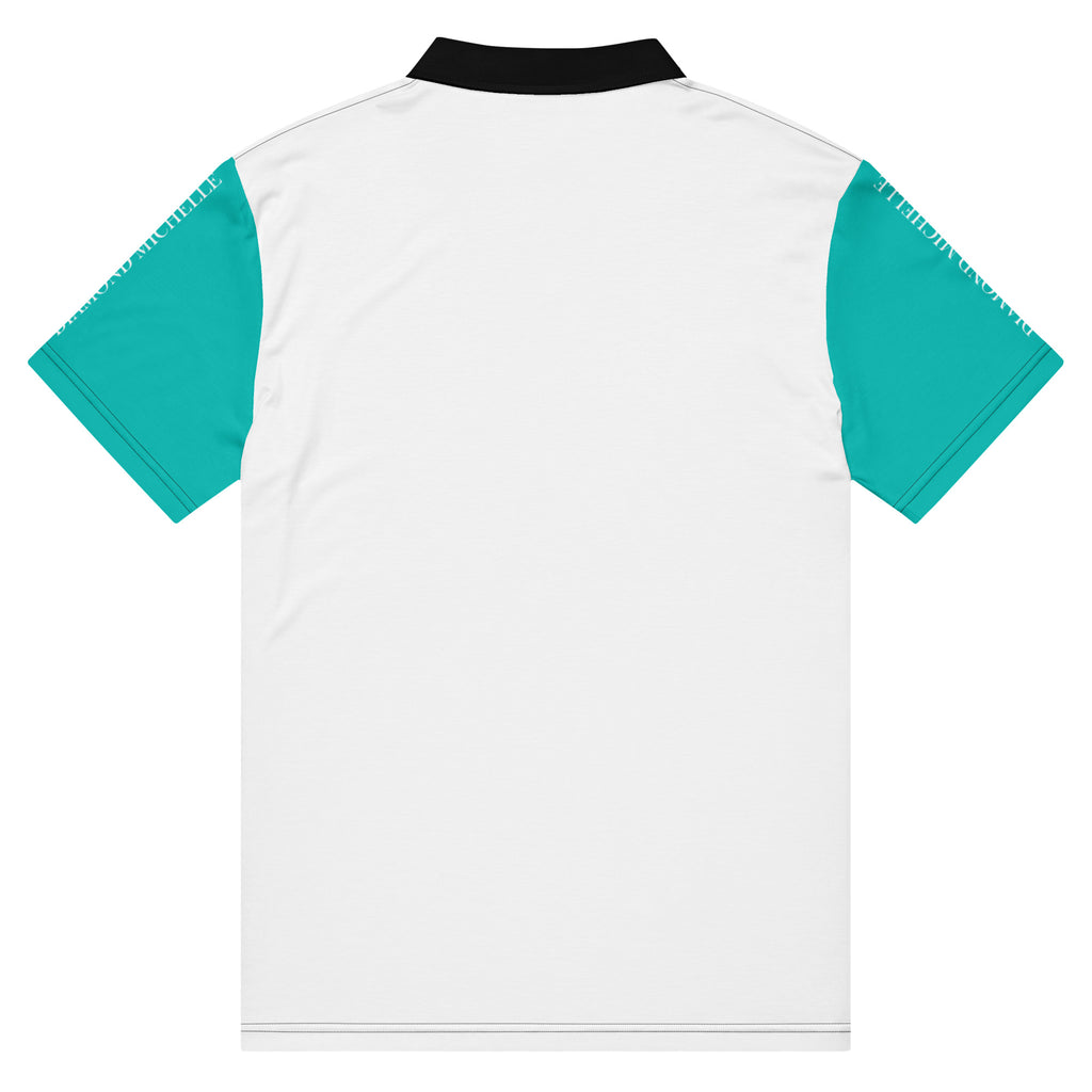 Men's DM Signature Black, White, and Iris Blue Slim Fit Polo back view on a white background