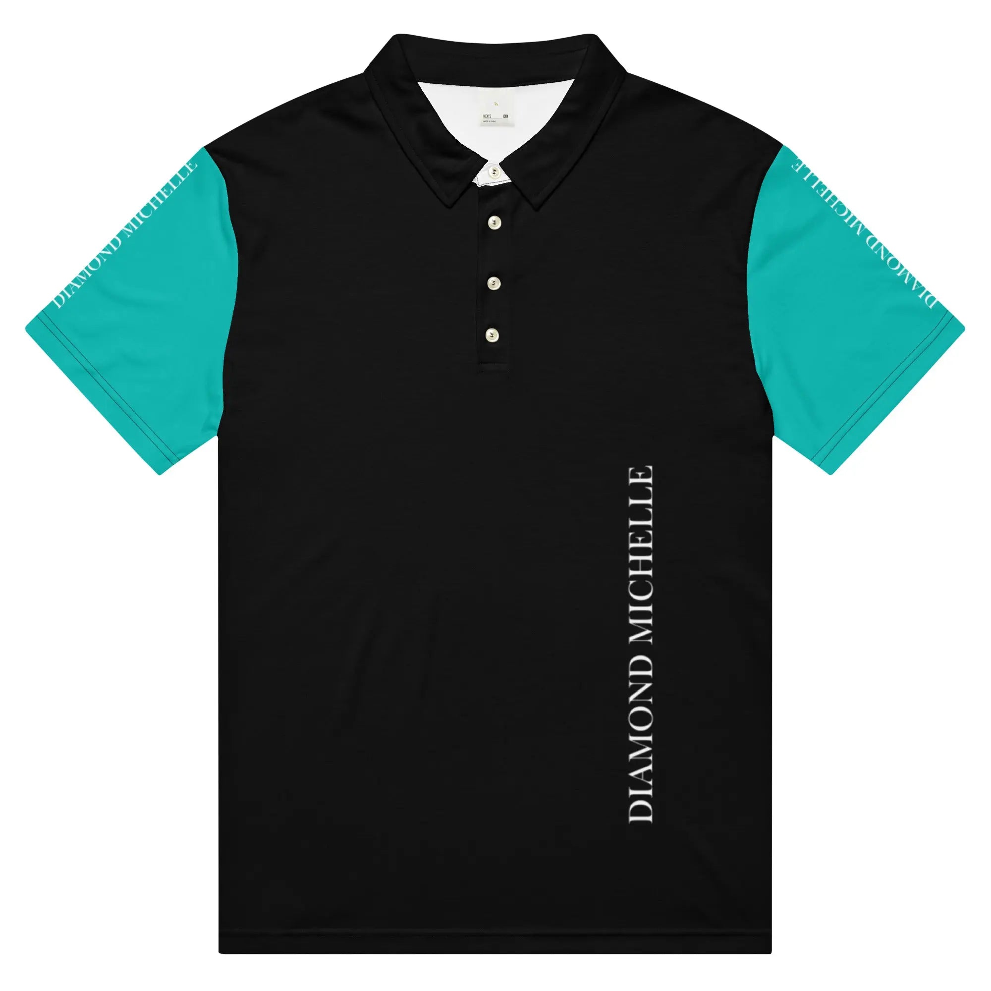 Men's DM Signature Black, White, and Iris Blue Slim Fit Polo front view on a white background