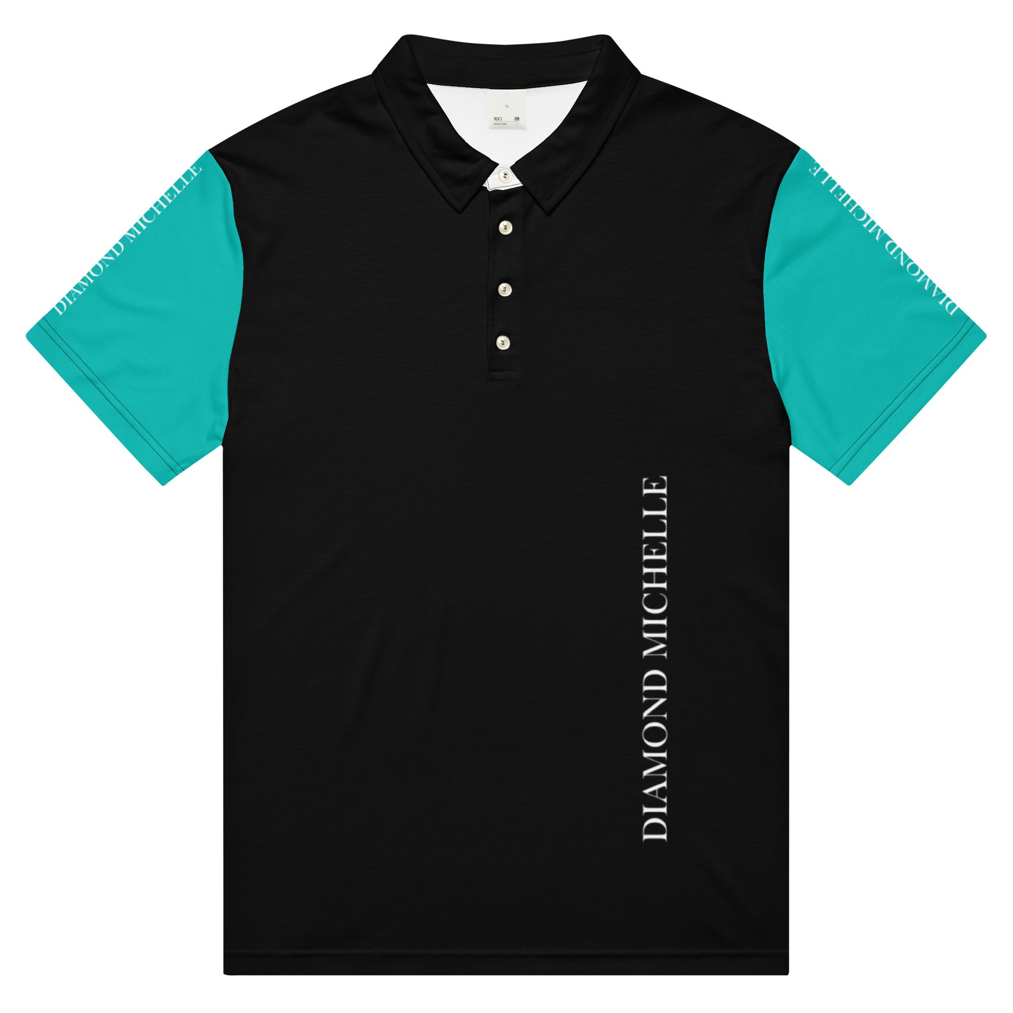 Men's DM Signature Black, White, and Iris Blue Slim Fit Polo front view on a white background