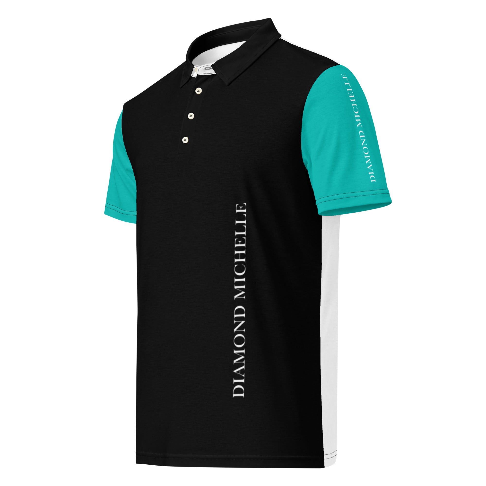 Men's DM Signature Black, White, and Iris Blue Slim Fit Polo left front view on a white background