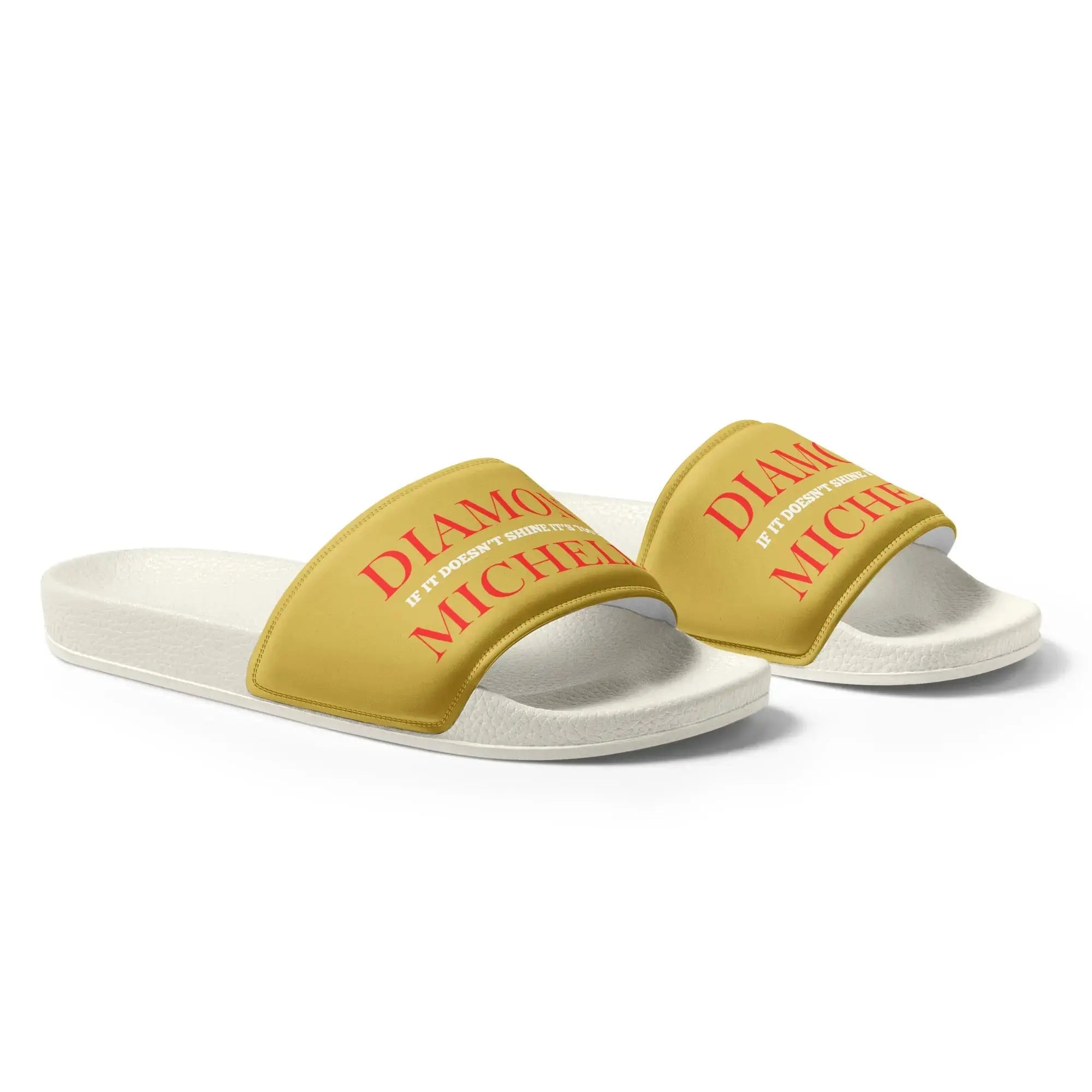 Men’s luxury slide sandals in white and gold by Diamond Michelle (right front view)