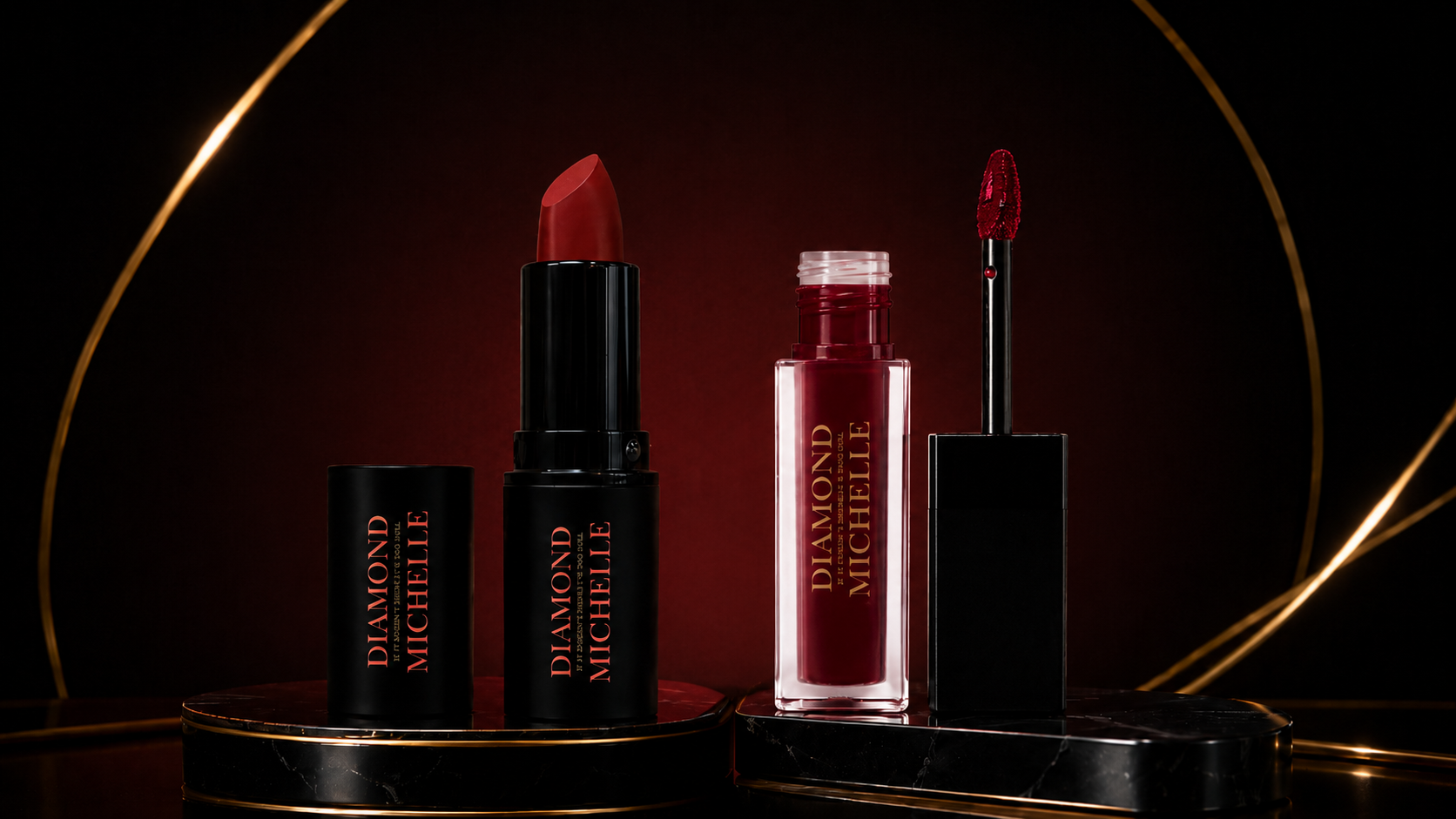 Diamond Michelle new lip products on a dark background featuring the matte lip stains and bold lipstick