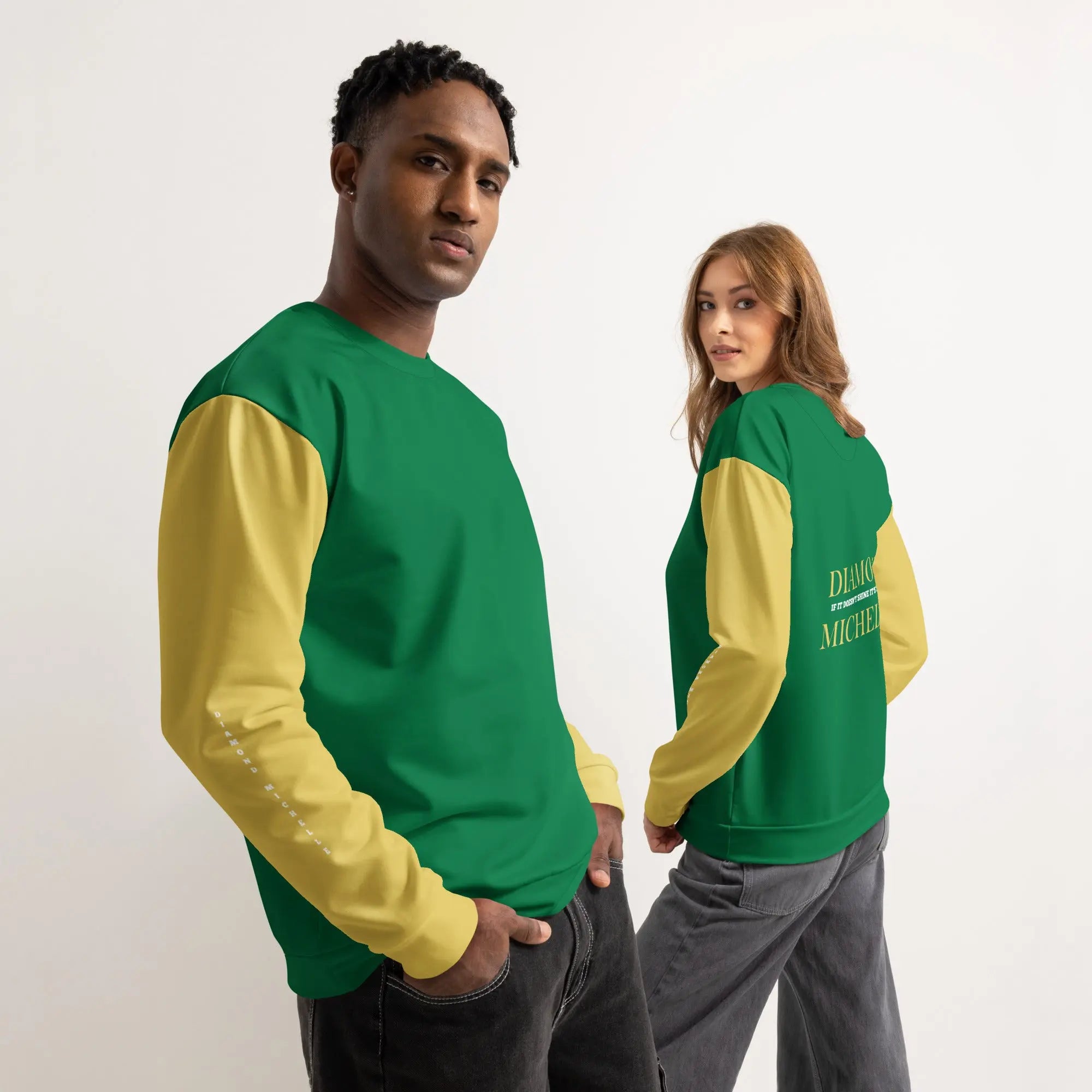 Luxury cotton sweatshirt in jewel green and gold by Diamond Michelle (Front and back people view)