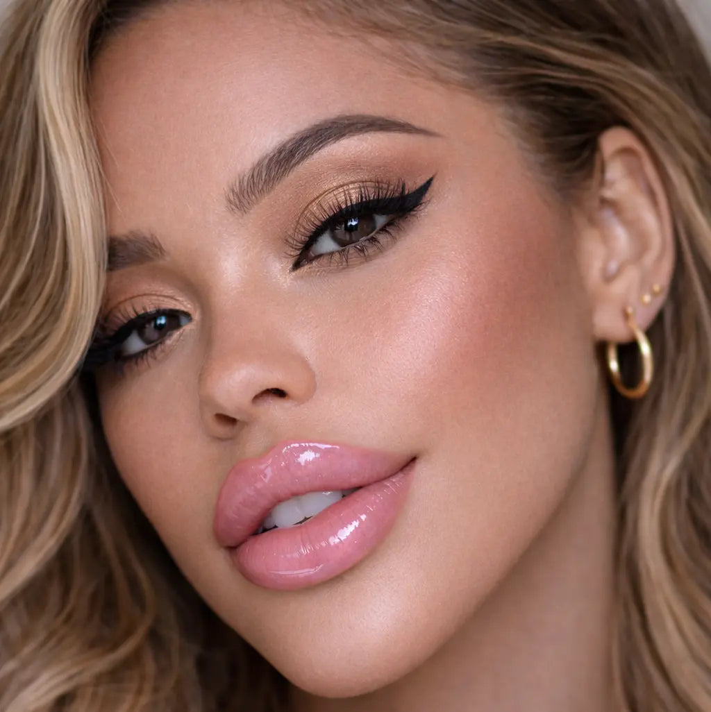 Close-up of a woman with styled hair wearing diamond glow pink milkshake lip gloss