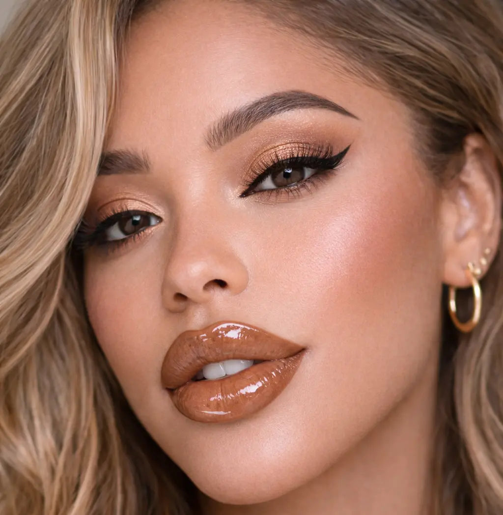 Close-up of a caucasian woman with styled hair wearing diamond glow hot cocoa lip gloss