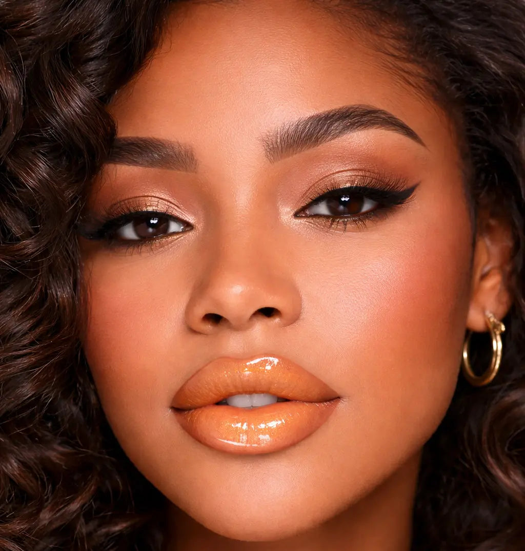 Close-up of a woman wearing glossy gold lip gloss and hoop earrings