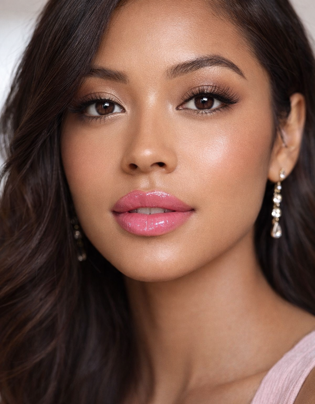 Woman wearing earrings with 'Diamond Michelle Diamond Glow Lip Oil - Party Cake' on