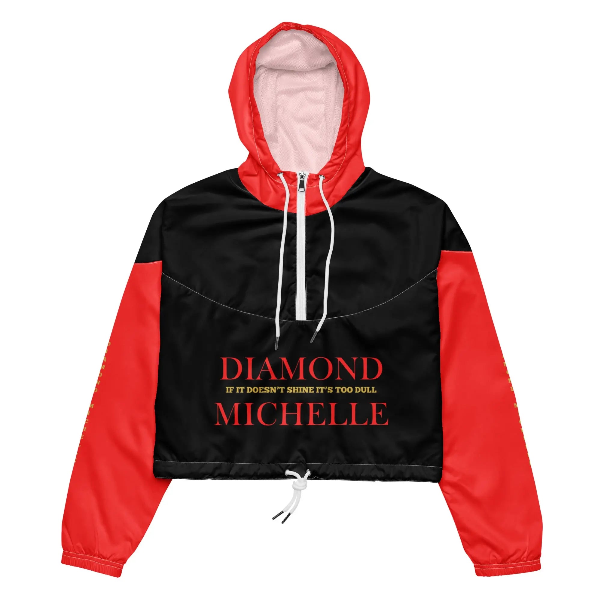 Women’s black and red luxury waterproof windbreaker jacket with white drawstrings by Diamond Michelle