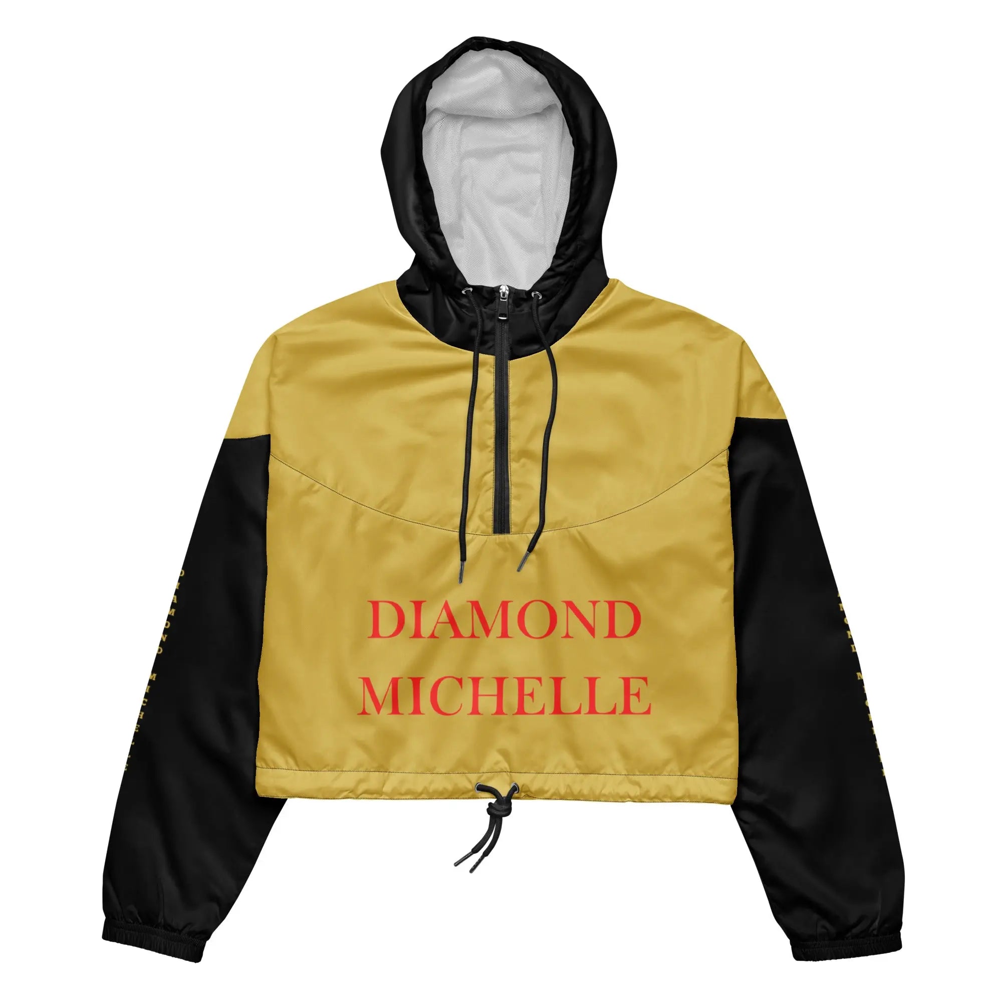 Women’s Gold and Black luxury waterproof windbreaker jacket with black drawstrings by Diamond Michelle