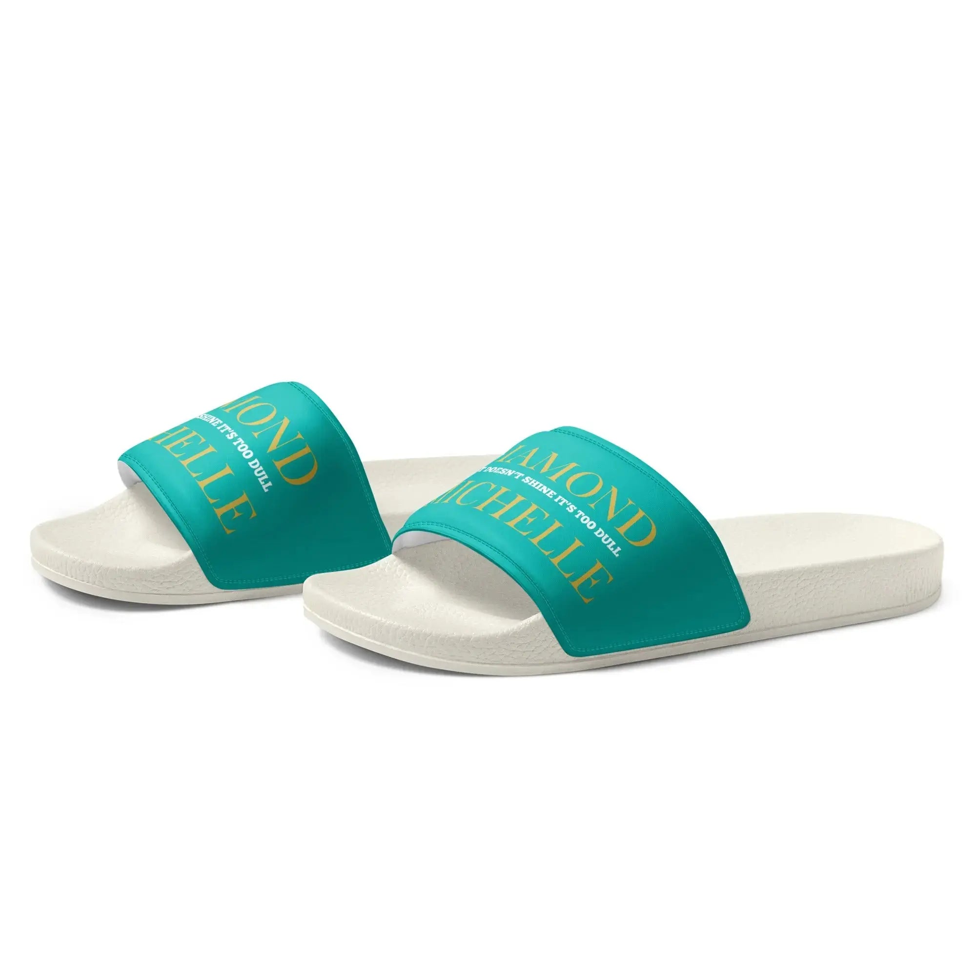 Women’s luxury slide sandals in white and iris blue by Diamond Michelle (left front view)