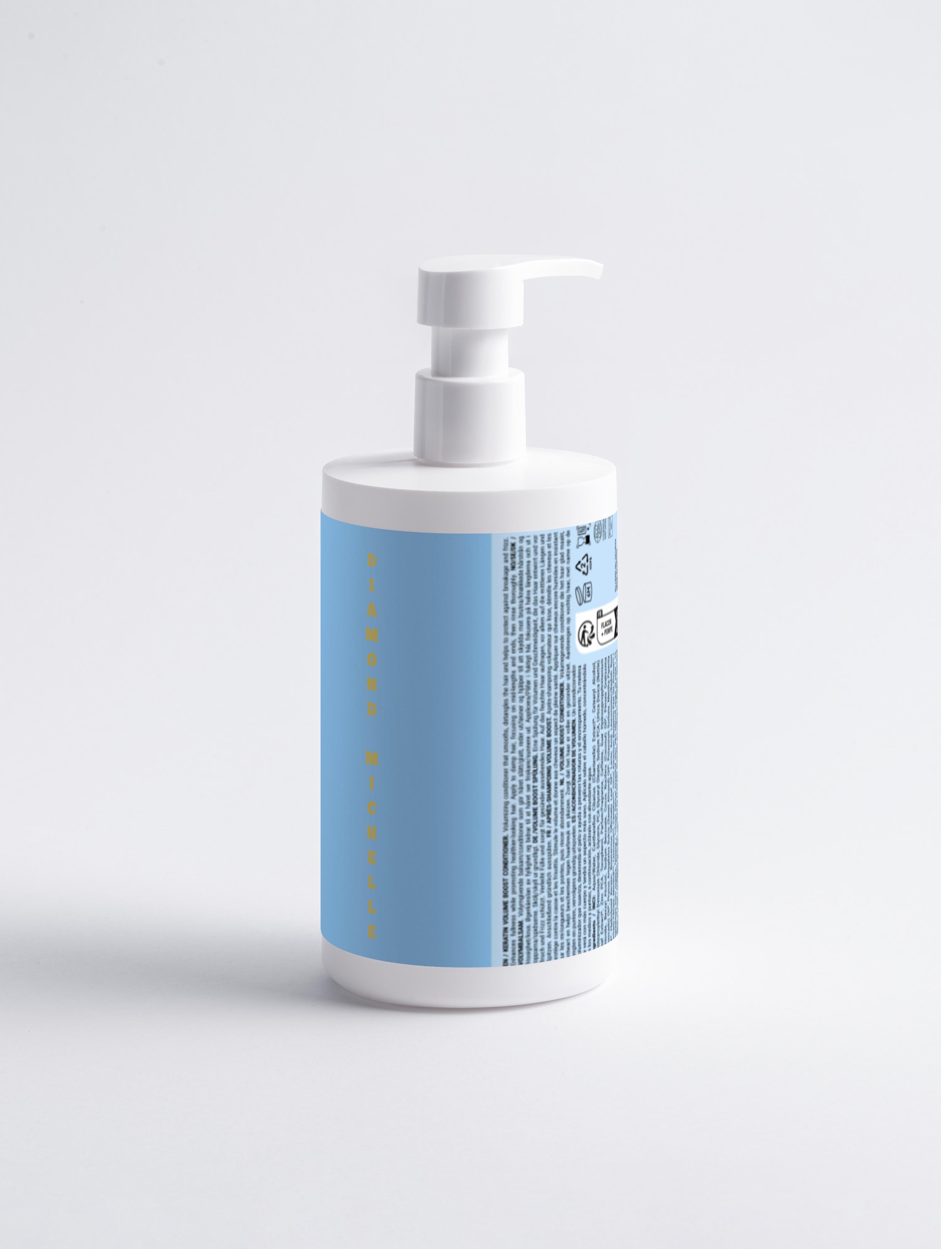 White bottle with a blue label on a light gray background