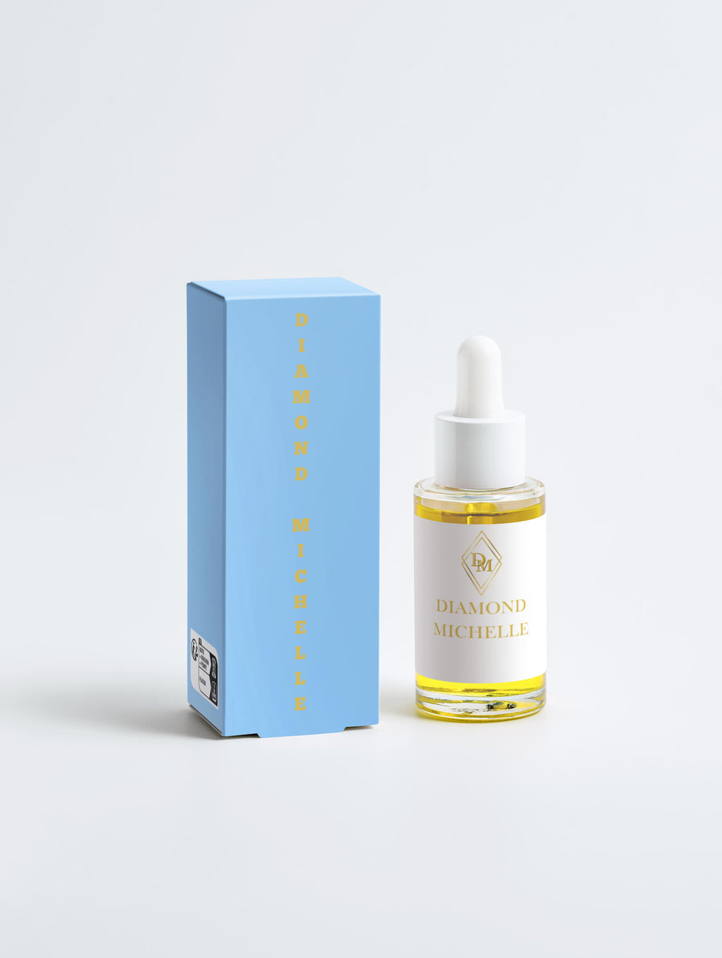 Diamond Michelle skincare serum bottle with blue packaging on a light gray background