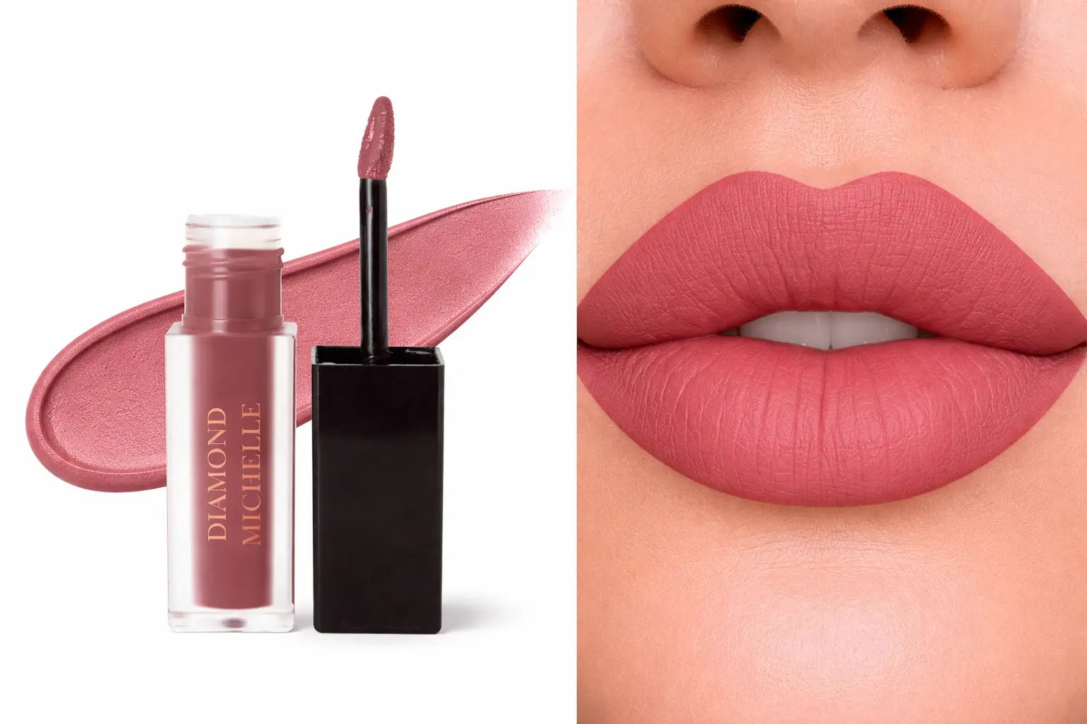 Diamond Michelle lip gloss and lipstick with a close-up of lips wearing the color.