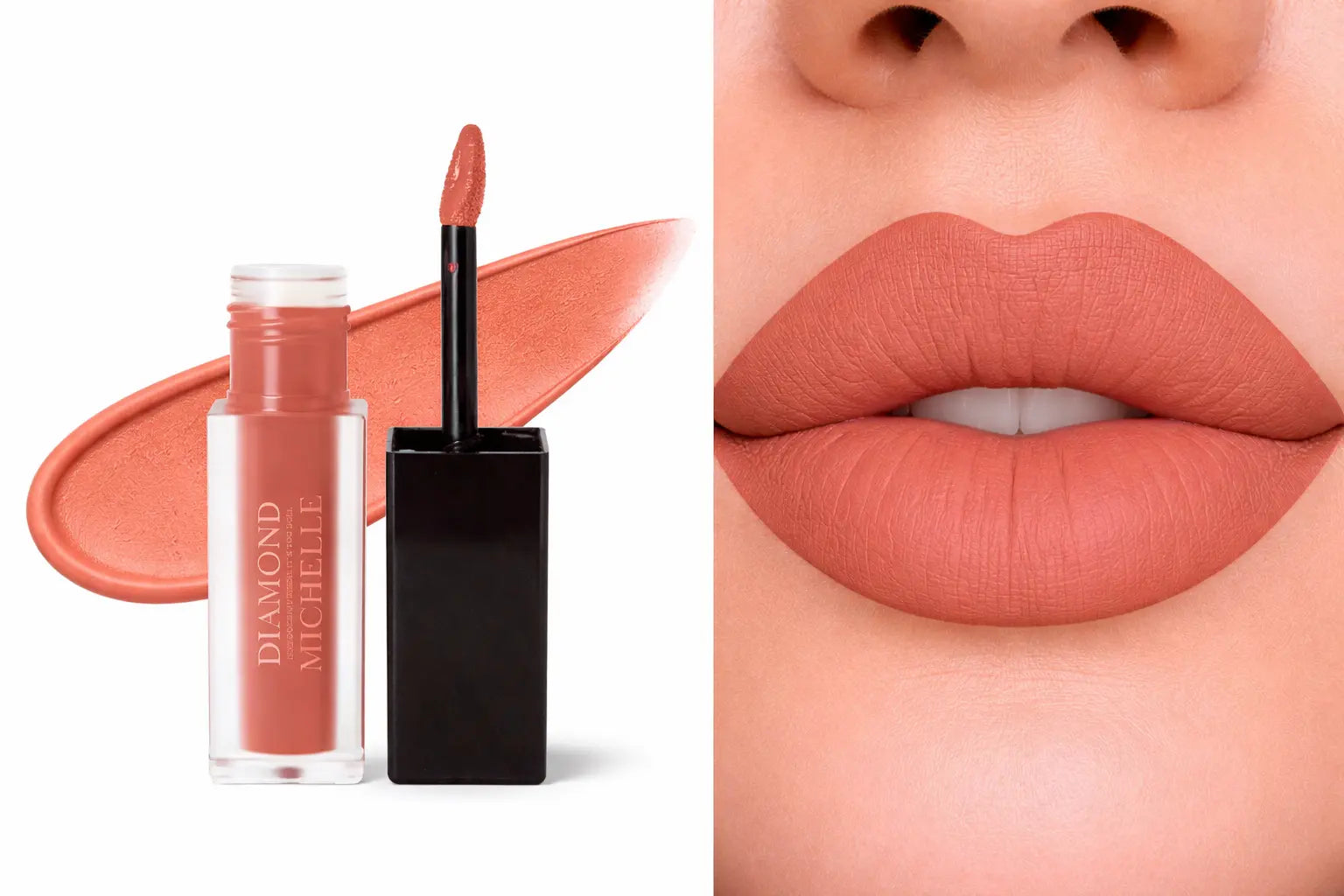 Diamond Michelle matte cinnamon glazed sheet cake long lasting lip stain with applicator and close-up of lips wearing the color