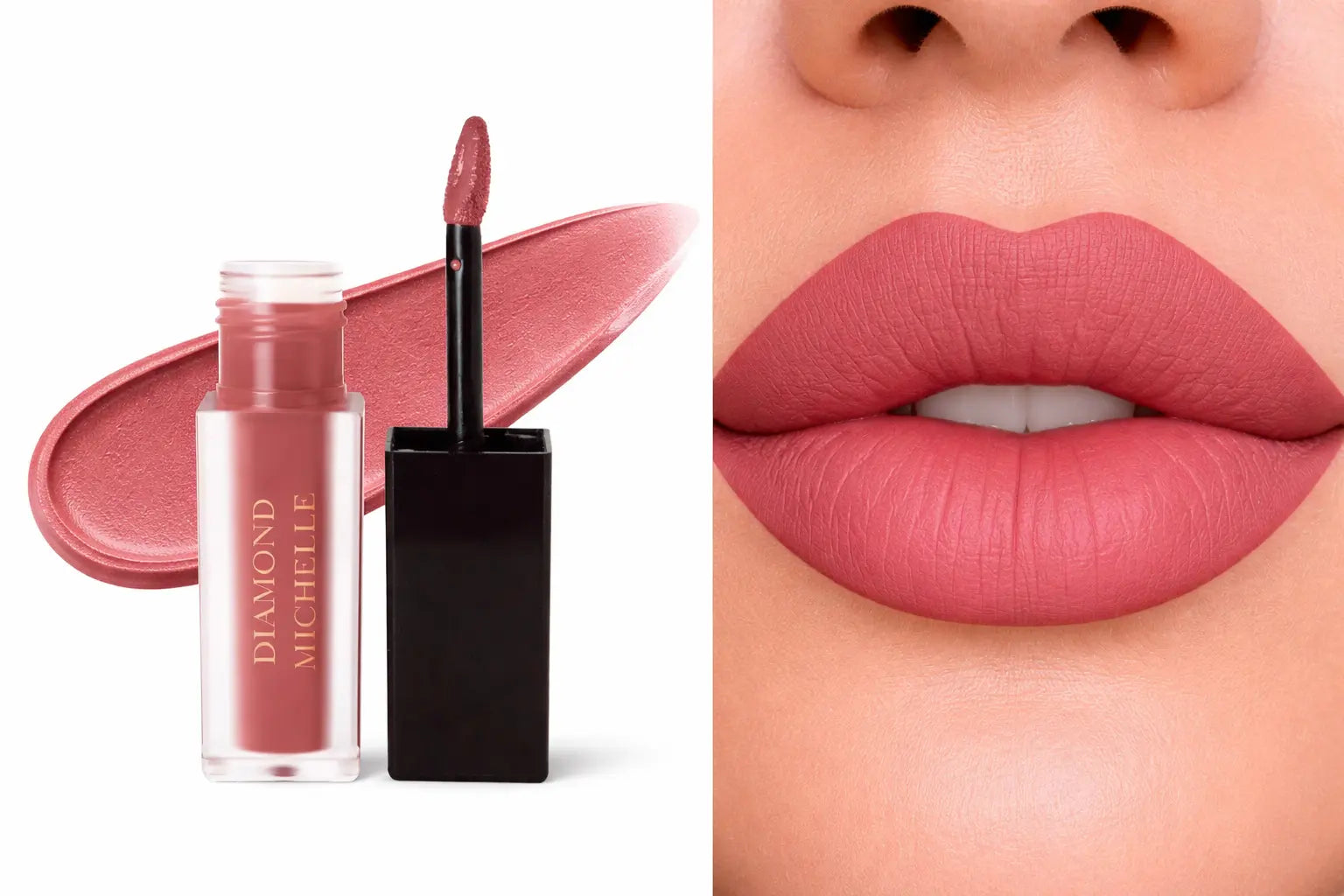 Diamond Michelle matte pink velvet cake long lasting lipstain with applicator and close-up of lips wearing the color