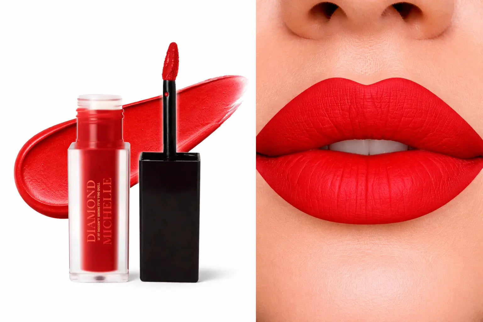Diamond Michelle matte strawberry shortcake long lasting lip stain with applicator and close-up of lips wearing the color