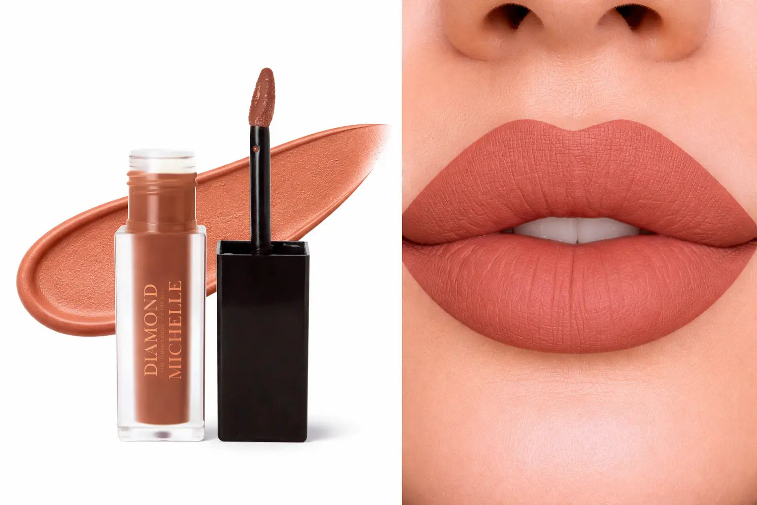 Diamond Michelle matte vanilla brown butter cake long lasting lipstain with applicator and close-up of lips wearing the color