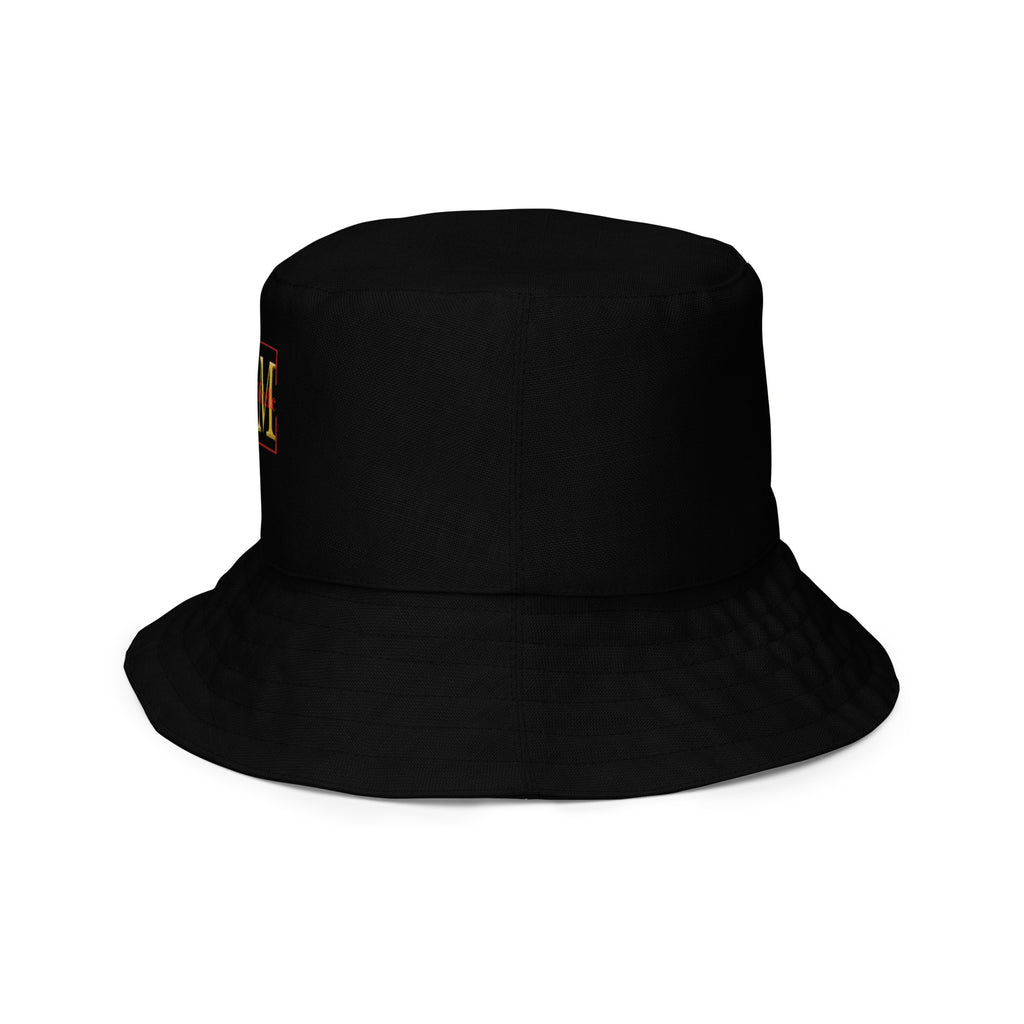 Black bucket hat with a gold logo on a white background